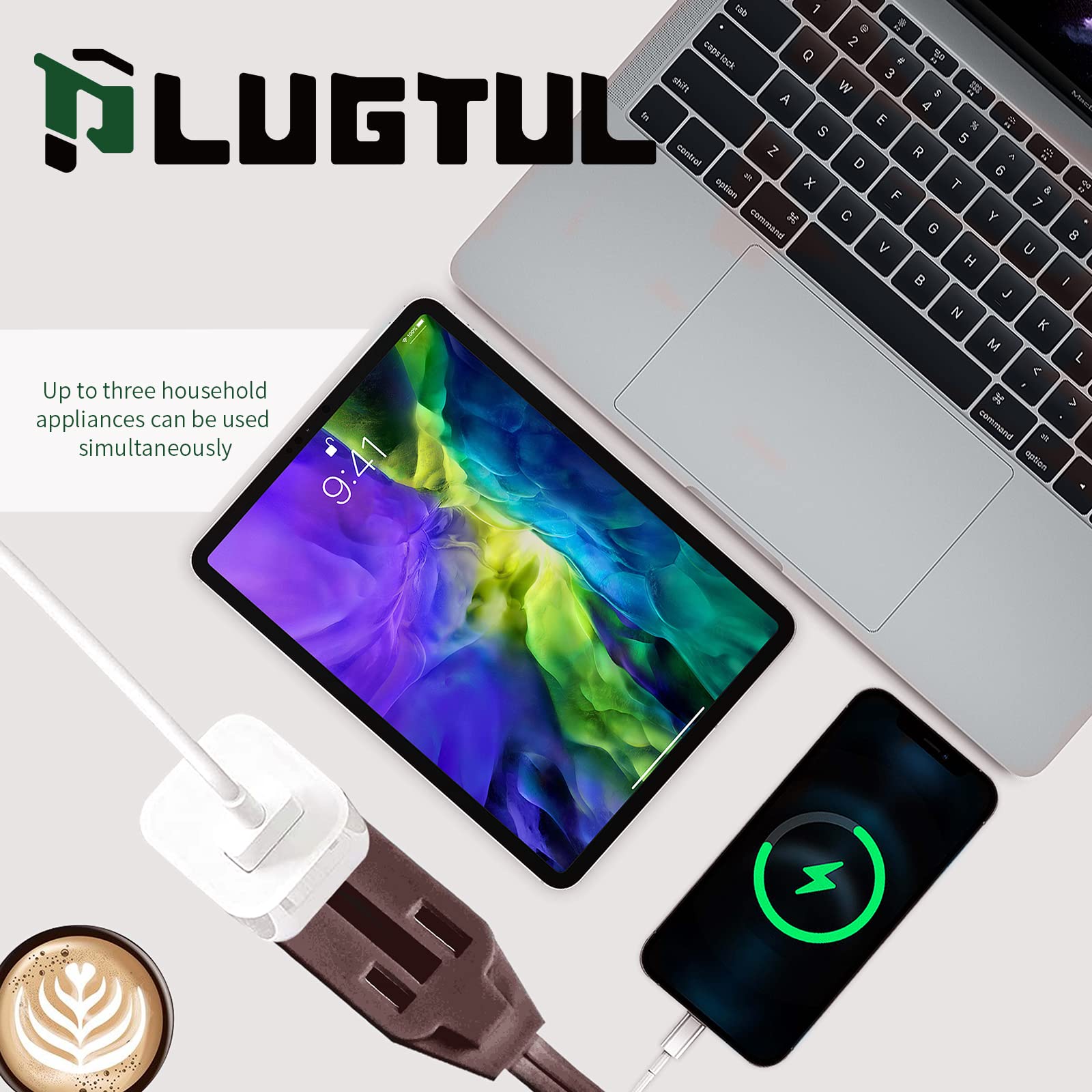 Plugtul Indoor Brown Extension Cord 12 Feet, 3 Outlet Household Extension Cord, 2 Prong, 16 Gauge, 3 Polarized Outlets With Safe