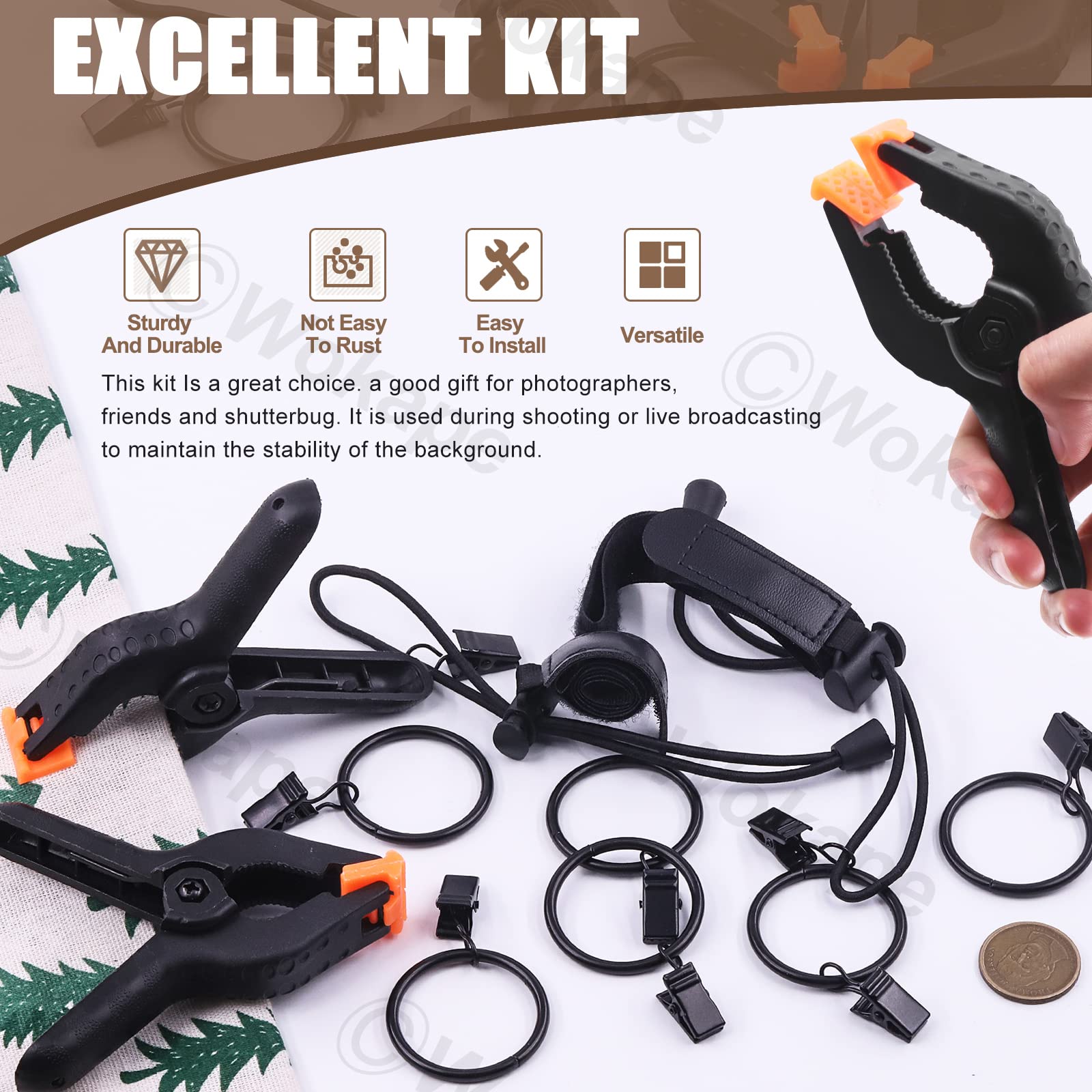 Wokape 22 Packs Photography Backdrop Clips Clamps, Include 10 Curtain Ring Clips, 6 Spring Clamps, 6 Leather Background Clips Ho