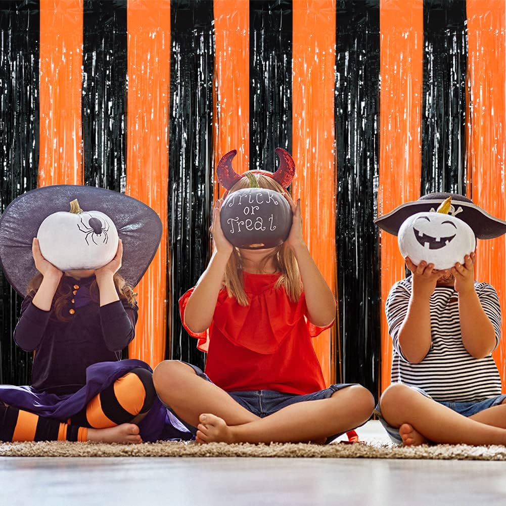 Toniful 3Pcs Black Orange Door Streamers,Photo Booth Backdrop Metallic Streamers Foil Fringe Curtains For Birthday,Christmas,New