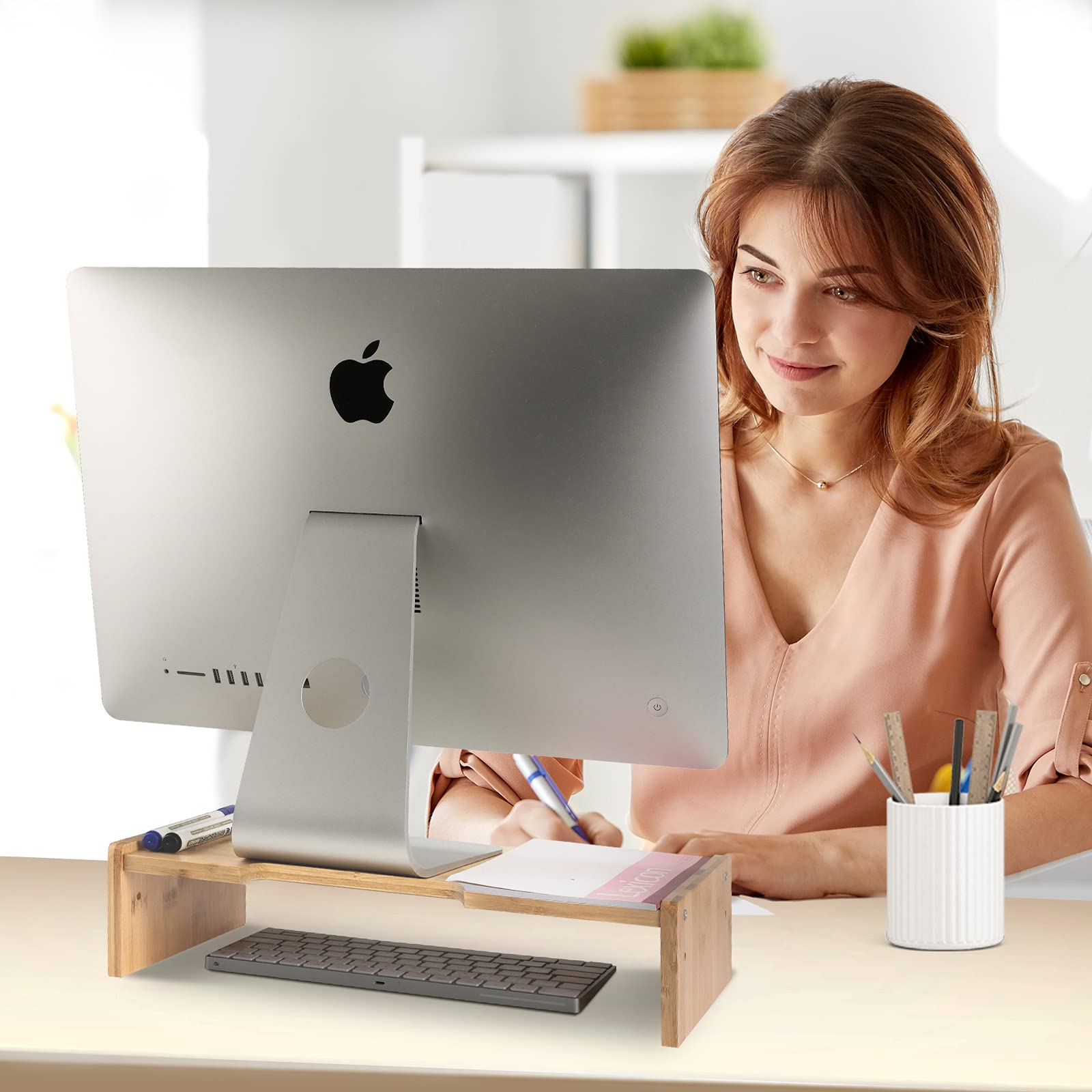 Kinlink Bamboo Monitor Stand Riser, Monitor Riser With 2 Adjustable Height, 15.8 Inch Computer Riser For Computer, Imac, Pc, Pri
