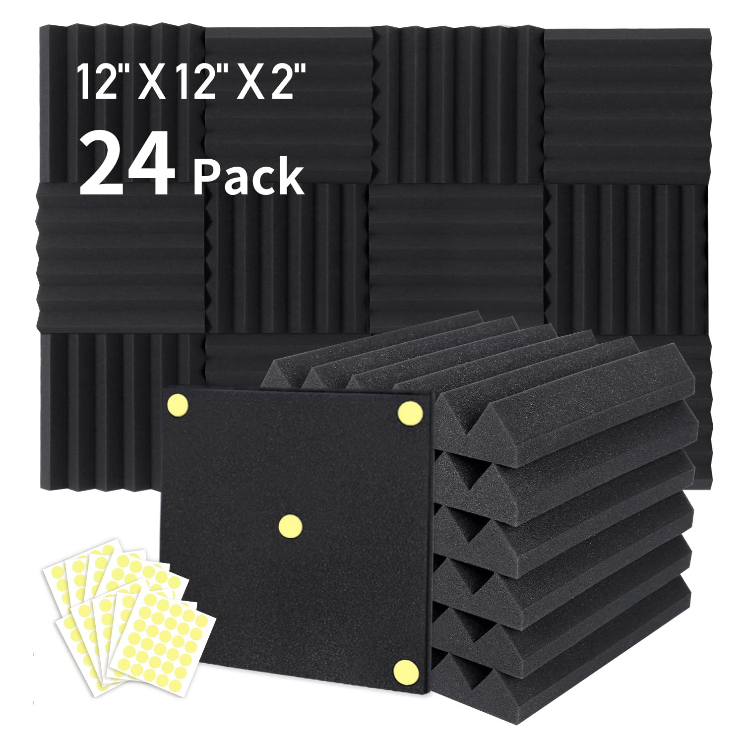 Focusound 24 Packs Acoustic Foam Panels 2'' X 12'' X 12'', Soundproofing Foam Noise Cancelling Foam With 120 Pcs Double Side Adh