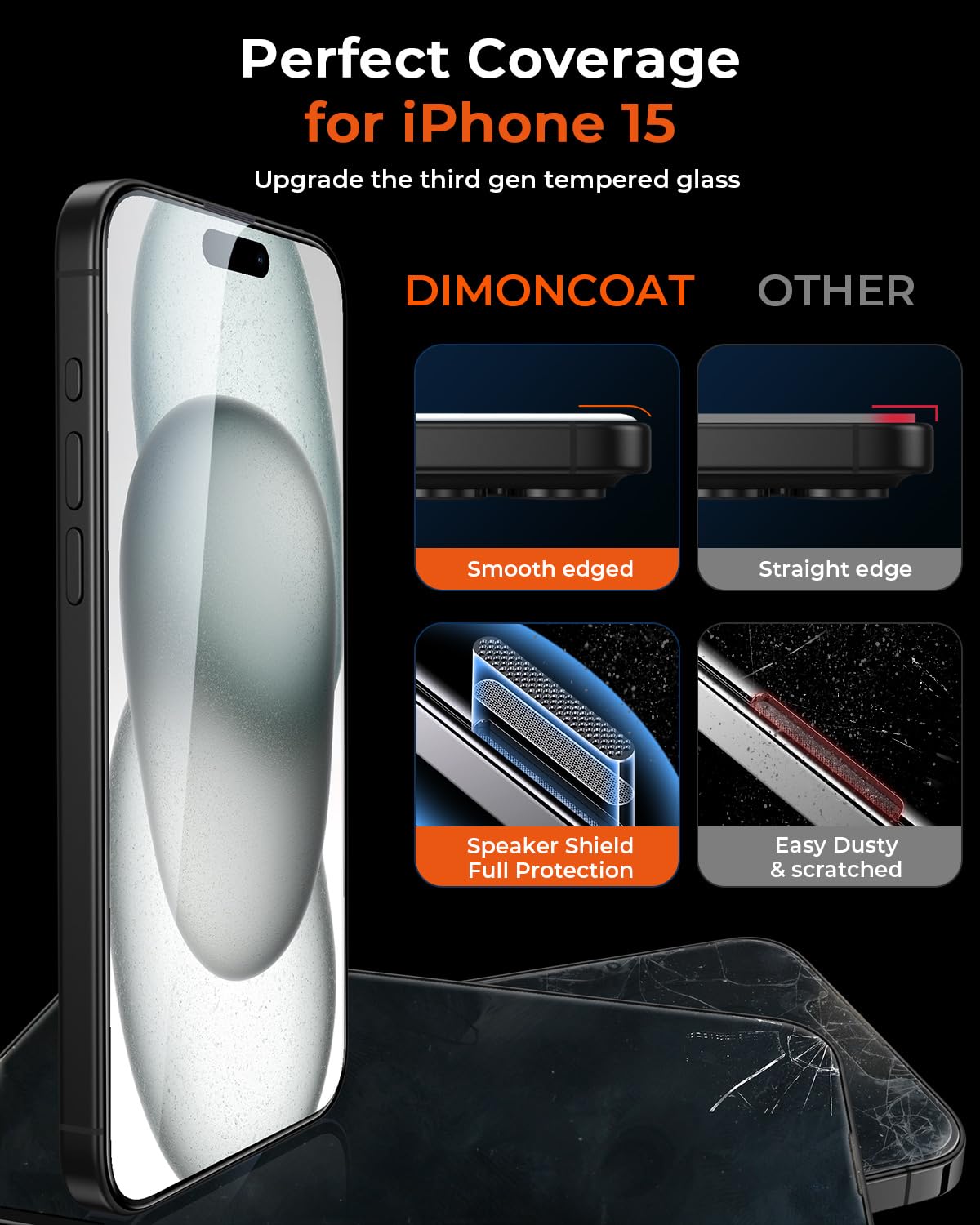 Dimoncoat 4 Pack For Iphone 15 Screen Protector [Auto Alignment Kit] Tempered Glass 10X Military Protection Compatible Iphone 15