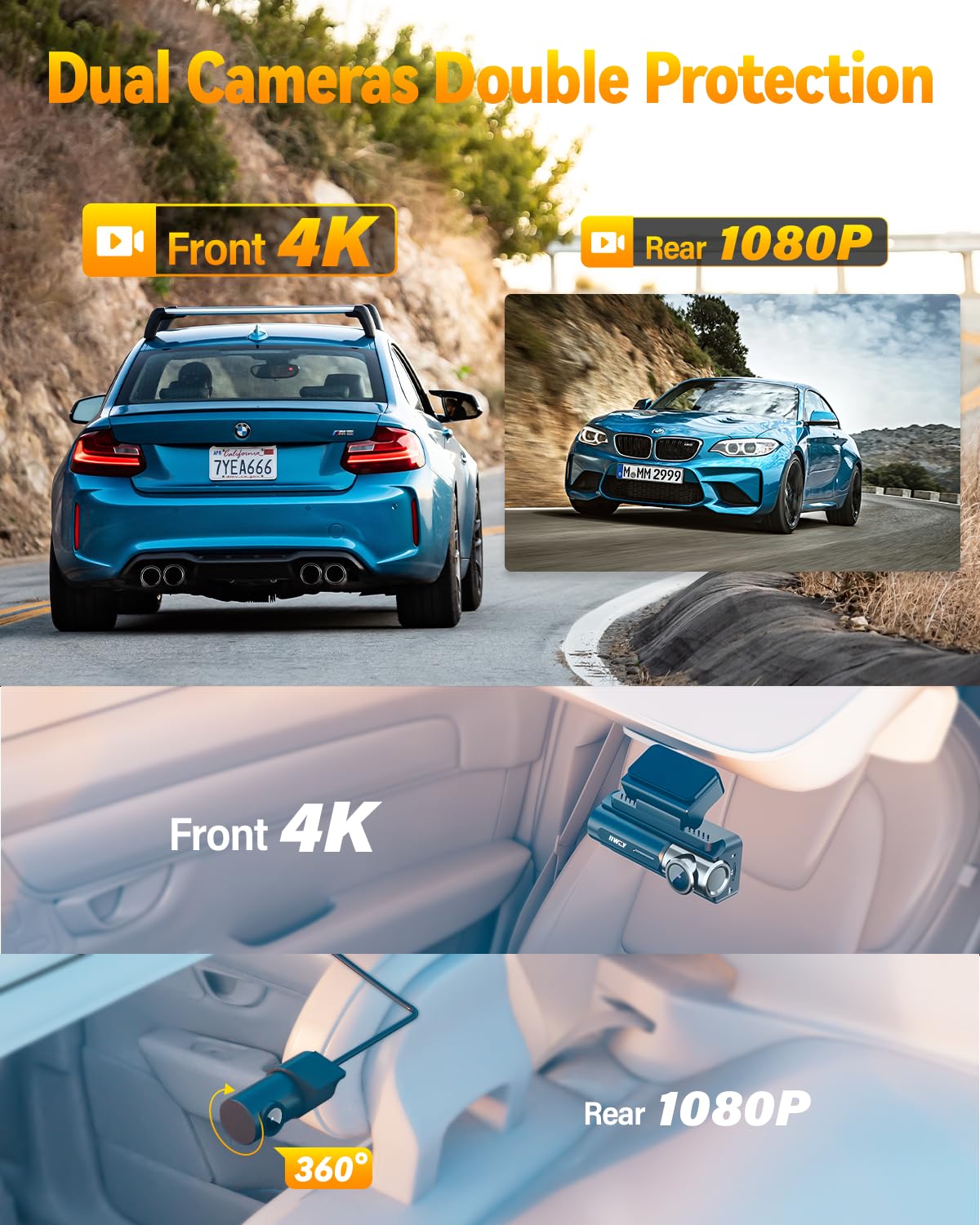 Dash Cam Front Rear 4K Built In Gps 5Ghz Wifi, 3.39'' Ips Screen, Voice Control, Dual Dash Camera For Cars Free 64Gb Sd Card, Su