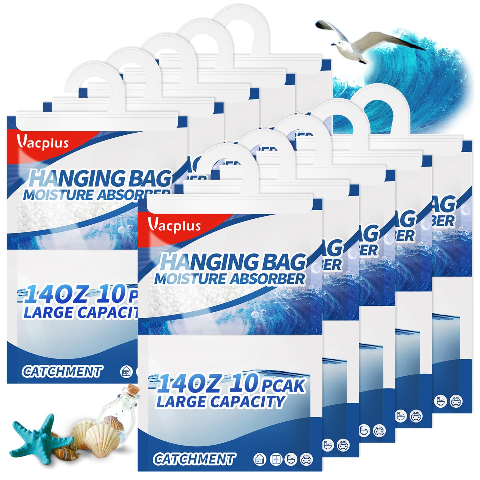 Vacplus Moisture Absorbers, Hanging Closet Dehumidifier Bags, Humidity Packs, Desiccant, Closet Dehumidifiers With Ocean Breeze