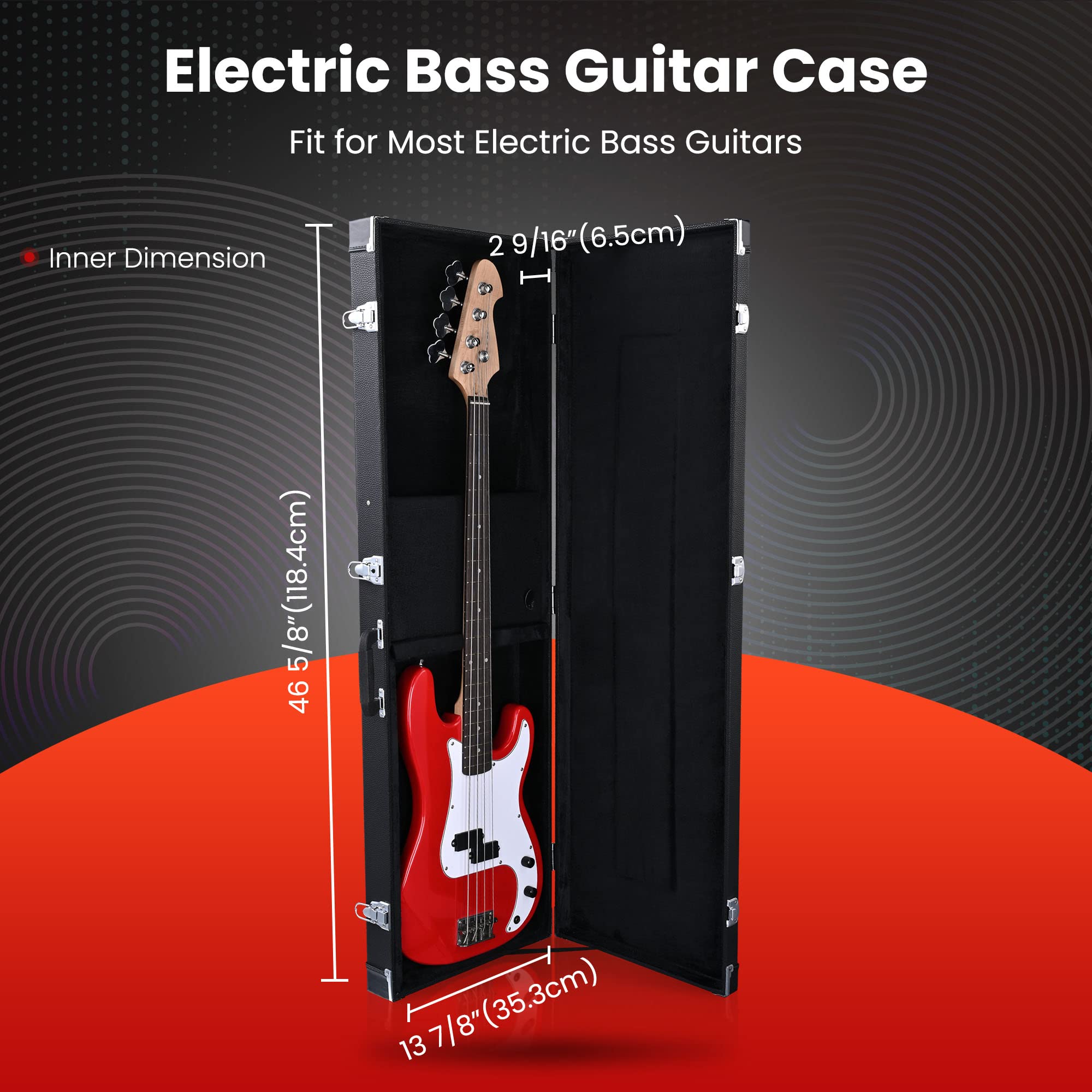 Aw Bass Guitar Case Hard Electric Guitar Wooden Hard Shell Carrying Case Lockable With Key Black Square 48 X 15.4 X 3.5 Inches