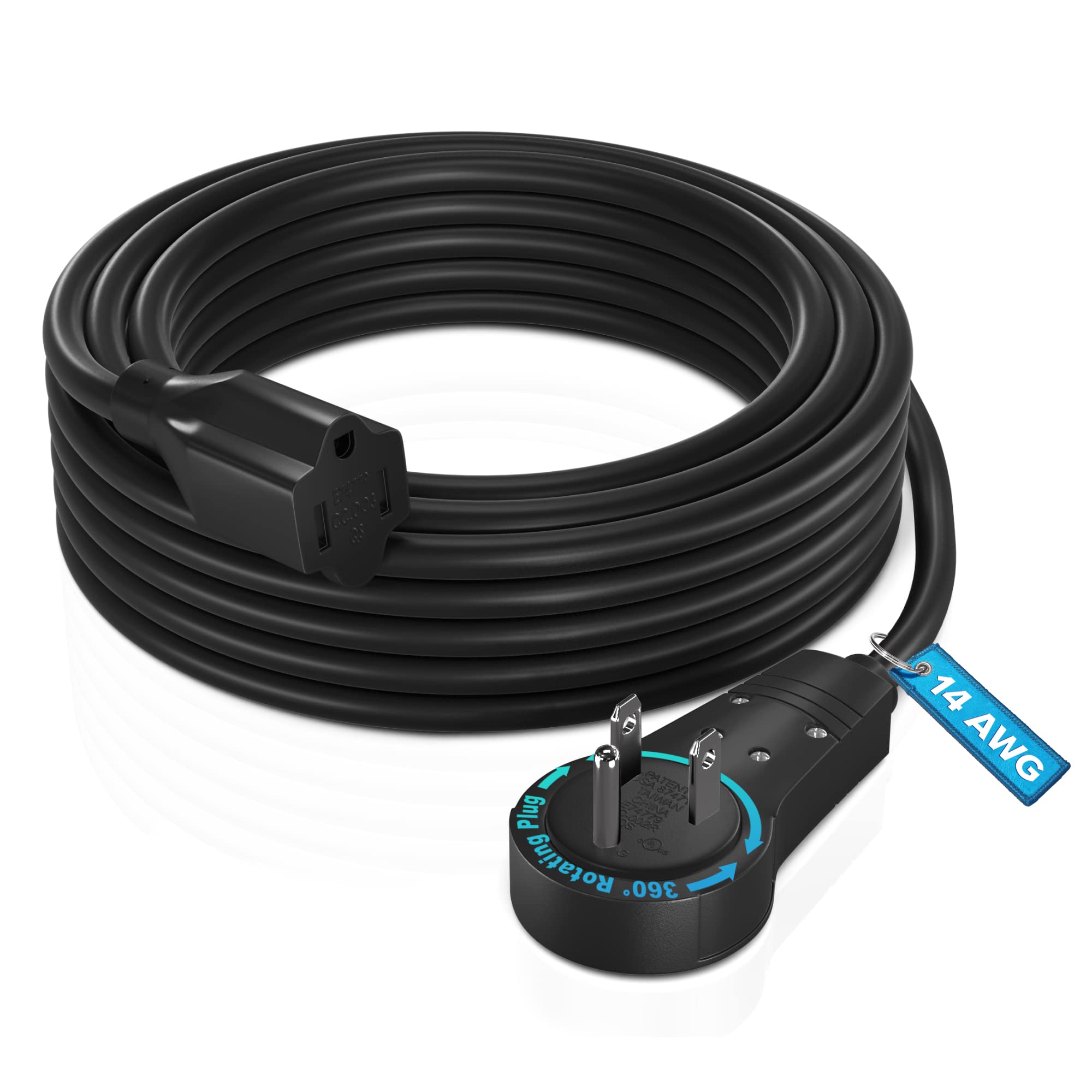Maximm Cable 15 Feet 14Awg 360 Rotating Flat Plug Extension Cord/Wire, 3 Prong Grounded Wire, Heavy Duty Extension Cord   Ul Cer