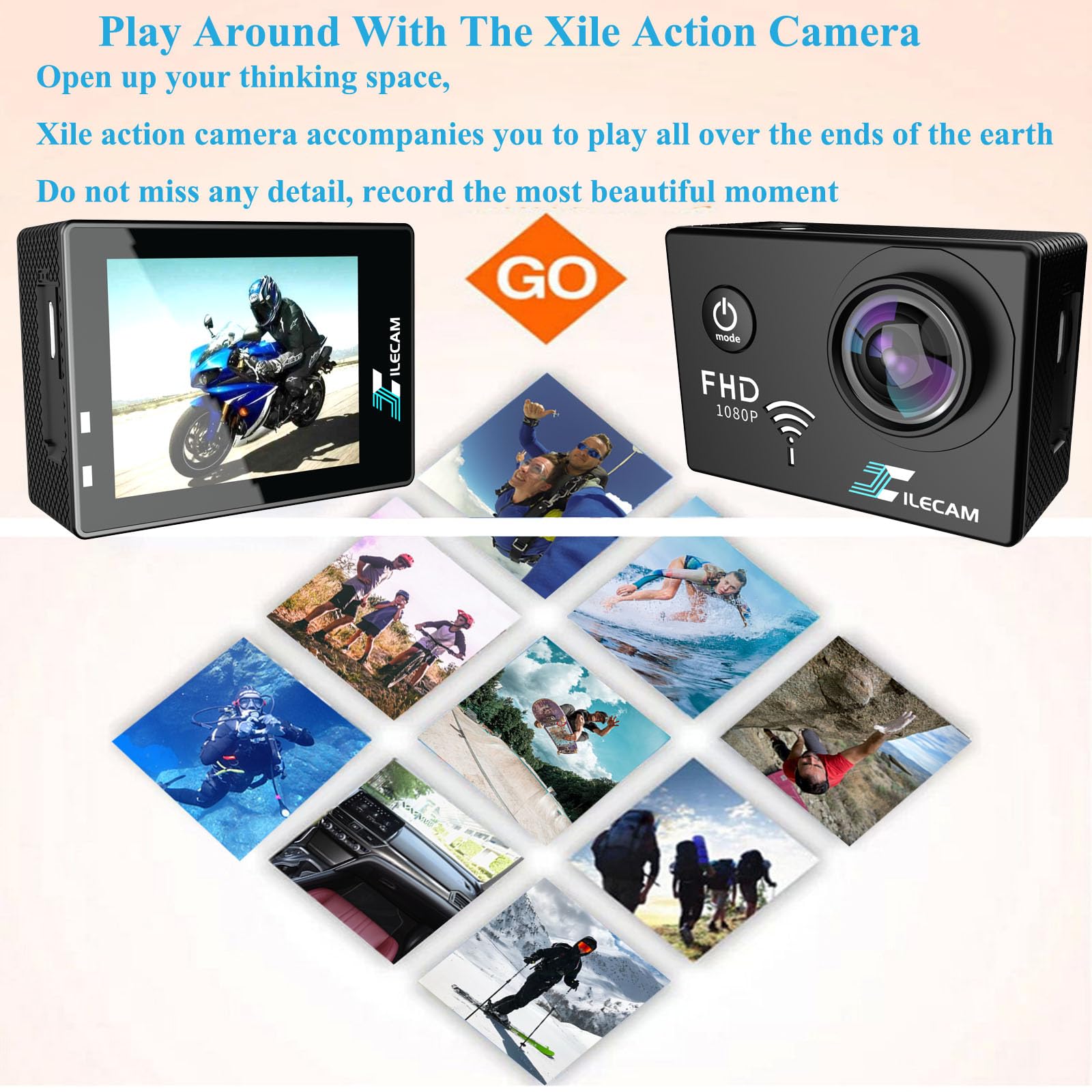 Xilecam Action Camera 1080P Wifi Sports Camera 4Xzoom Action Camera 40M/131Ft Underwater Waterproof With 2 X1050 Mah Batteries A