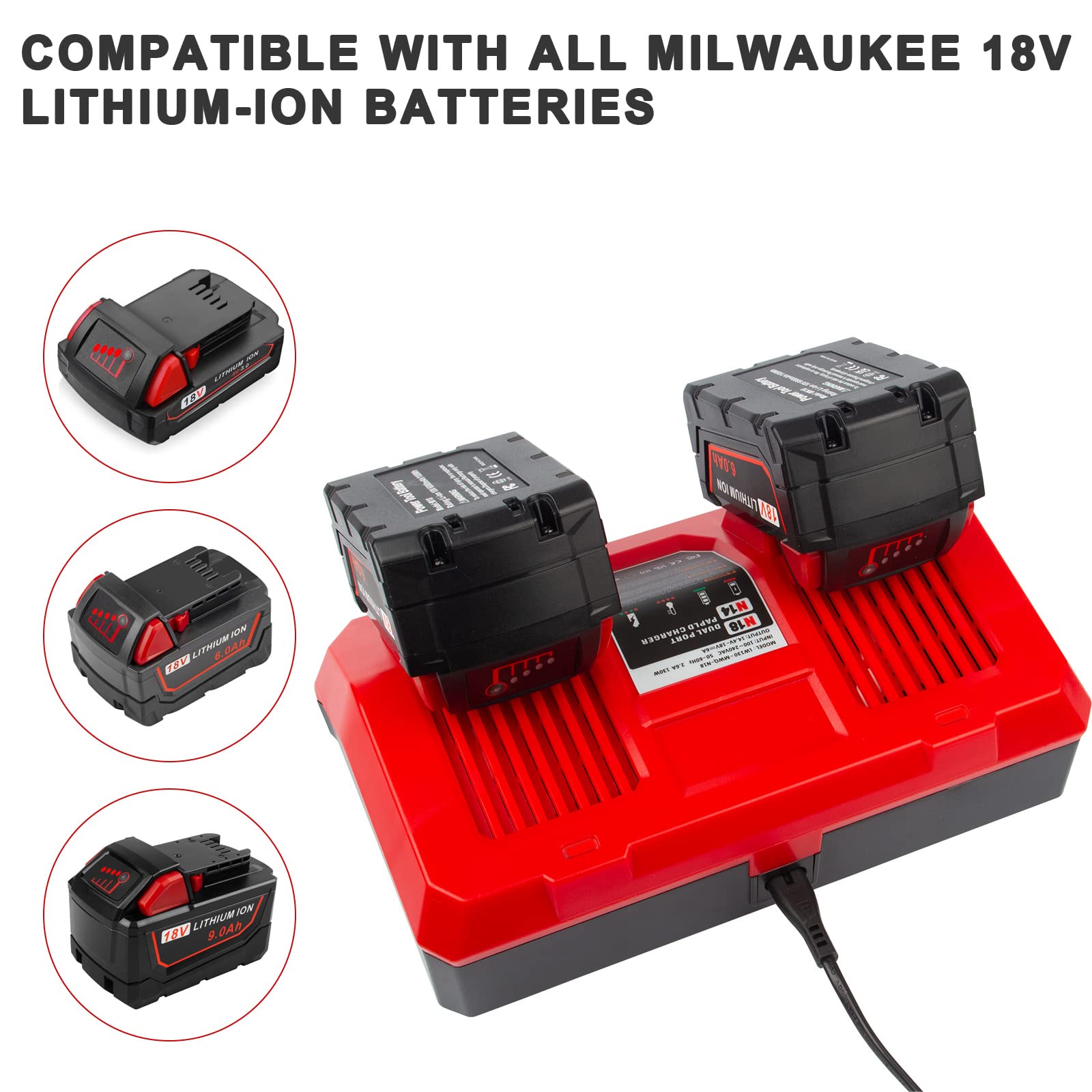 Dual Battery Charger Replace For M18 Milwaukee 6A Rapid Lithium Charger To Charge 14.4V 18V Xc Lithium Ion Battery 48 59 1890 48