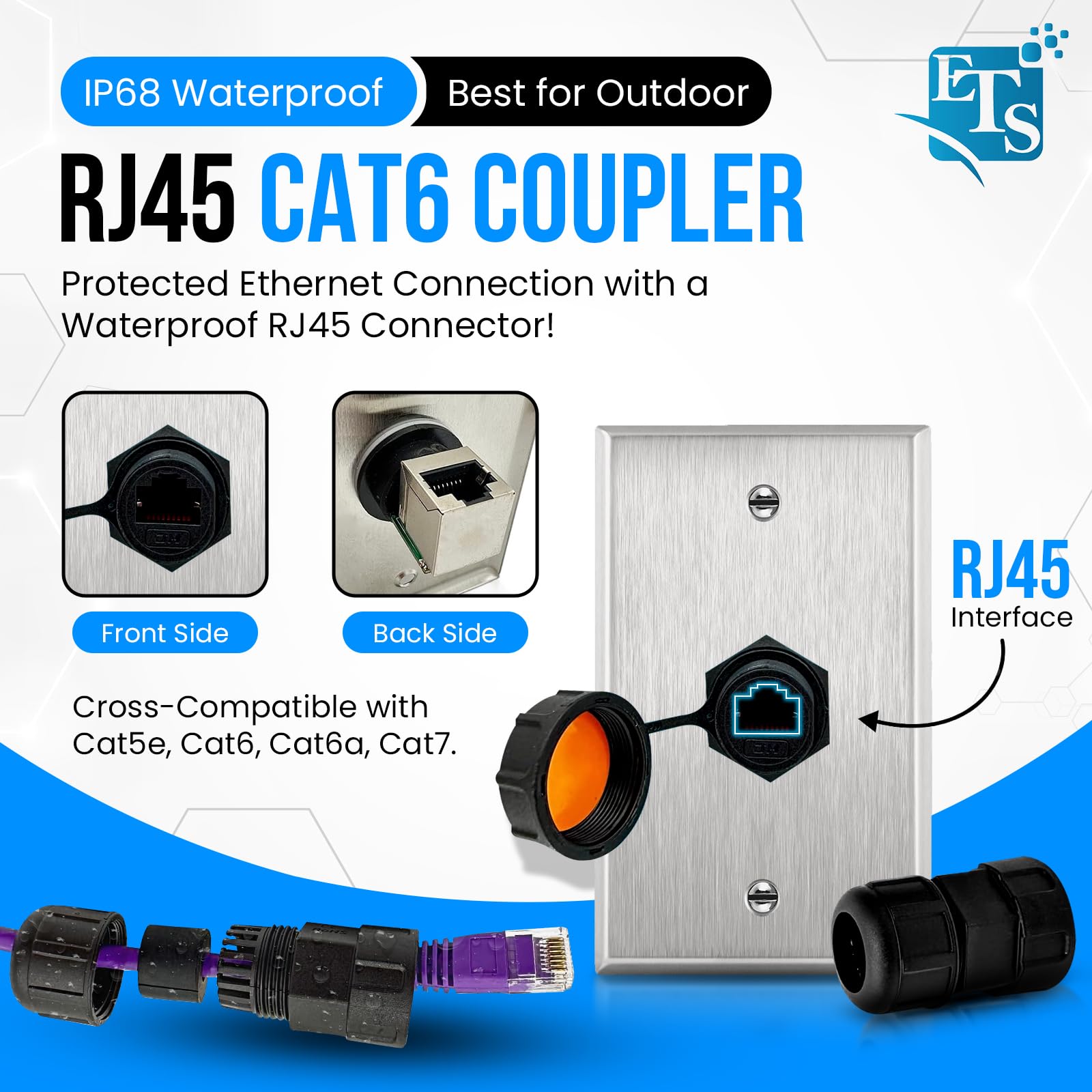 Ets Stainless Steel Single Gang Wall Plate W/Single Ip68 Waterproof Rj45 Cat6 Jack Pass Through Socket Coupler Connection Type,