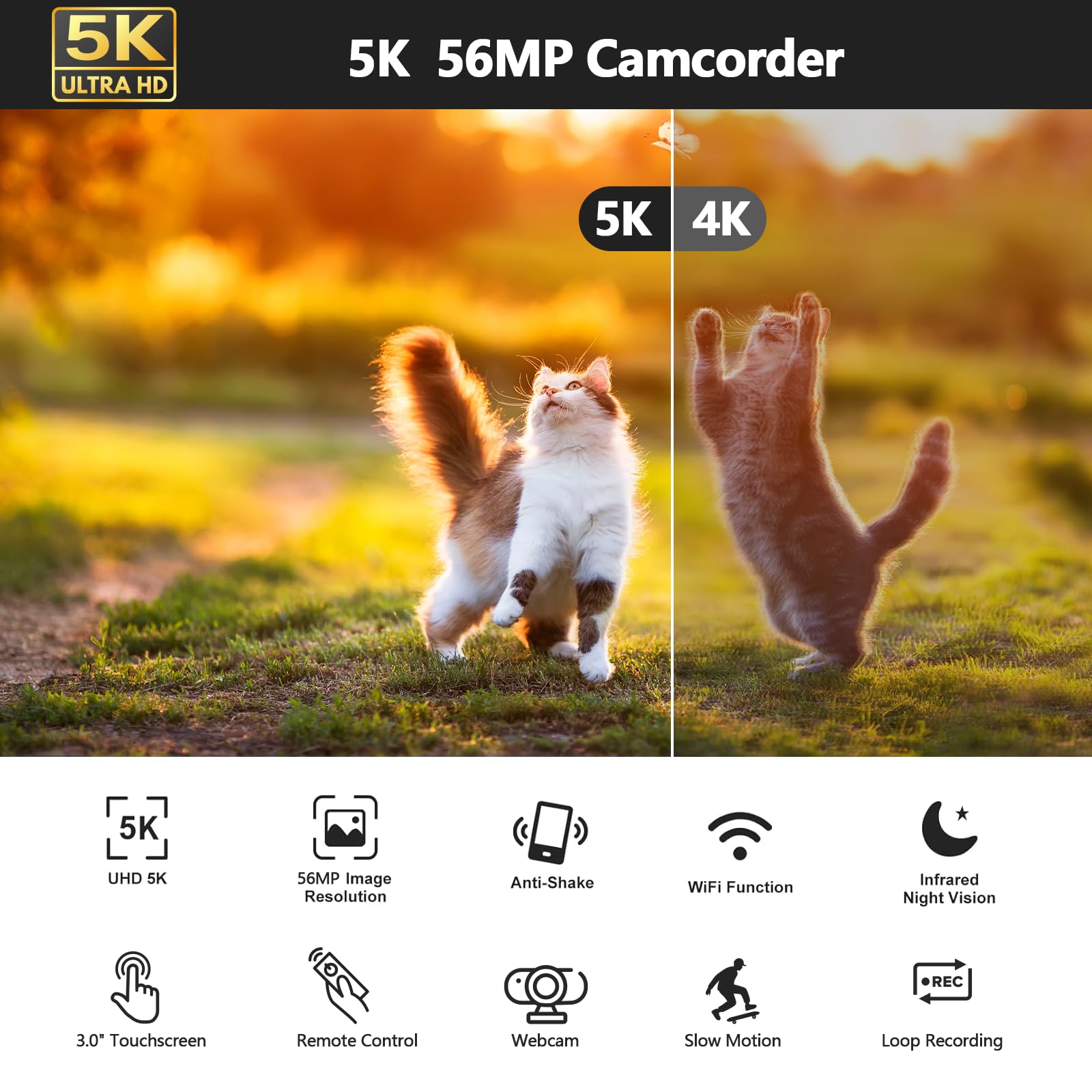 Video Camera Camcorder 5K 56Mp Vlogging Camera Youtube Wifi Night Vision 3    270 Rotatable Touchscreen Podcast Camera Recorder