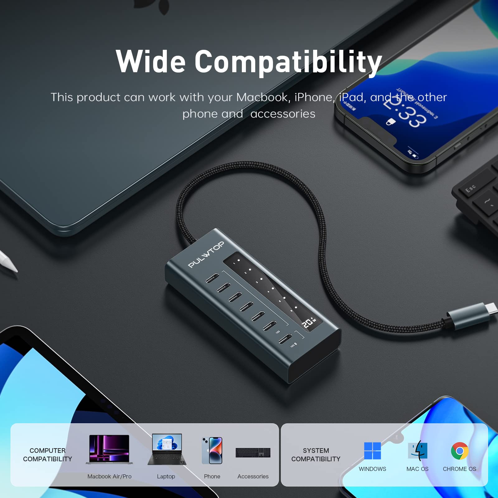 Pulwtop Usb C Hub For Laptop, 7 In 1 10Gbps Usb C To Usb C Hub Support Data & Charging(Not Support Video), Usb C 10Gbps Ports Fo