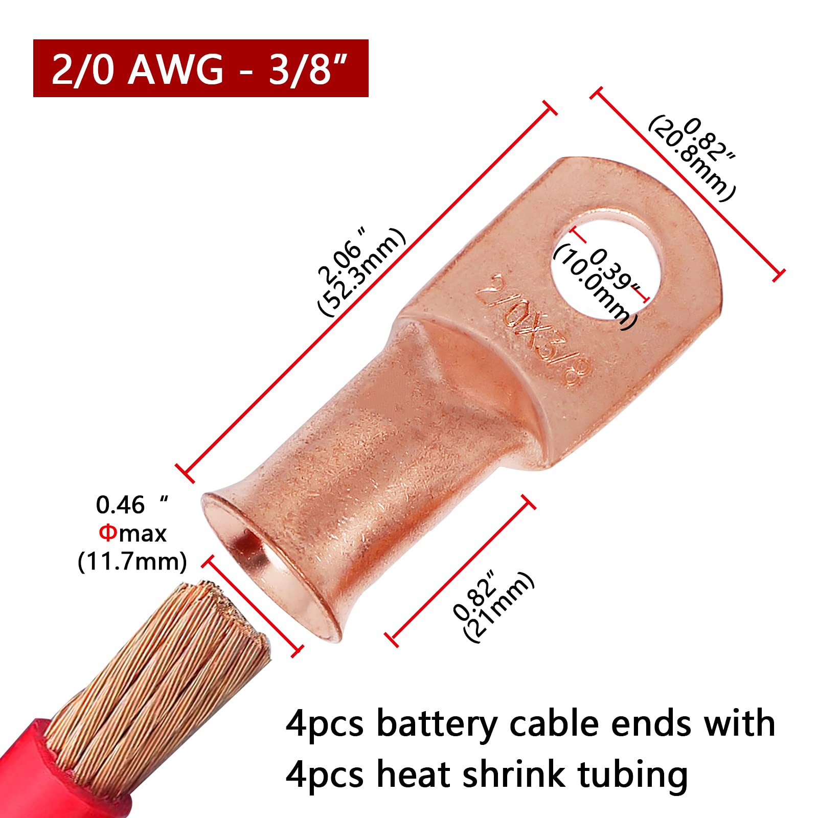 Tkdmr 4Pcs 2/0 Awg 3/8'' Battery Lugs,Copper Wire Lugs,Heavy Duty Battery Cable Ends,Tubular Ring Terminals,Awg Crimp Wire Ring