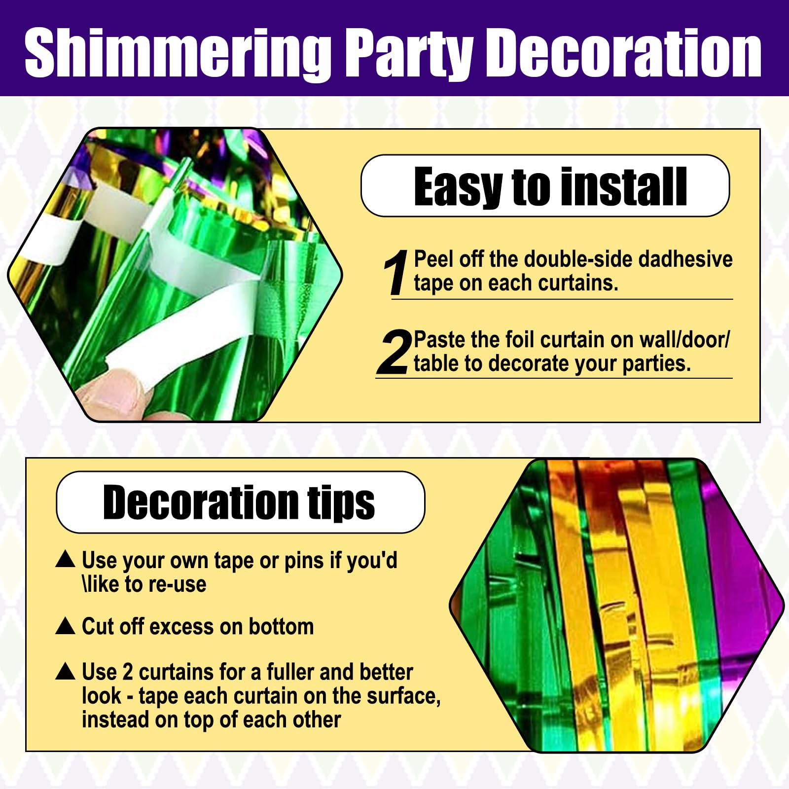 6 Pack Gold Green Purple Foil Fringe Curtain Backdrop, 3.28Ft X 9.8Ft Metallic Tinsel Foil Fringe Streamer Curtains For Photo Bo