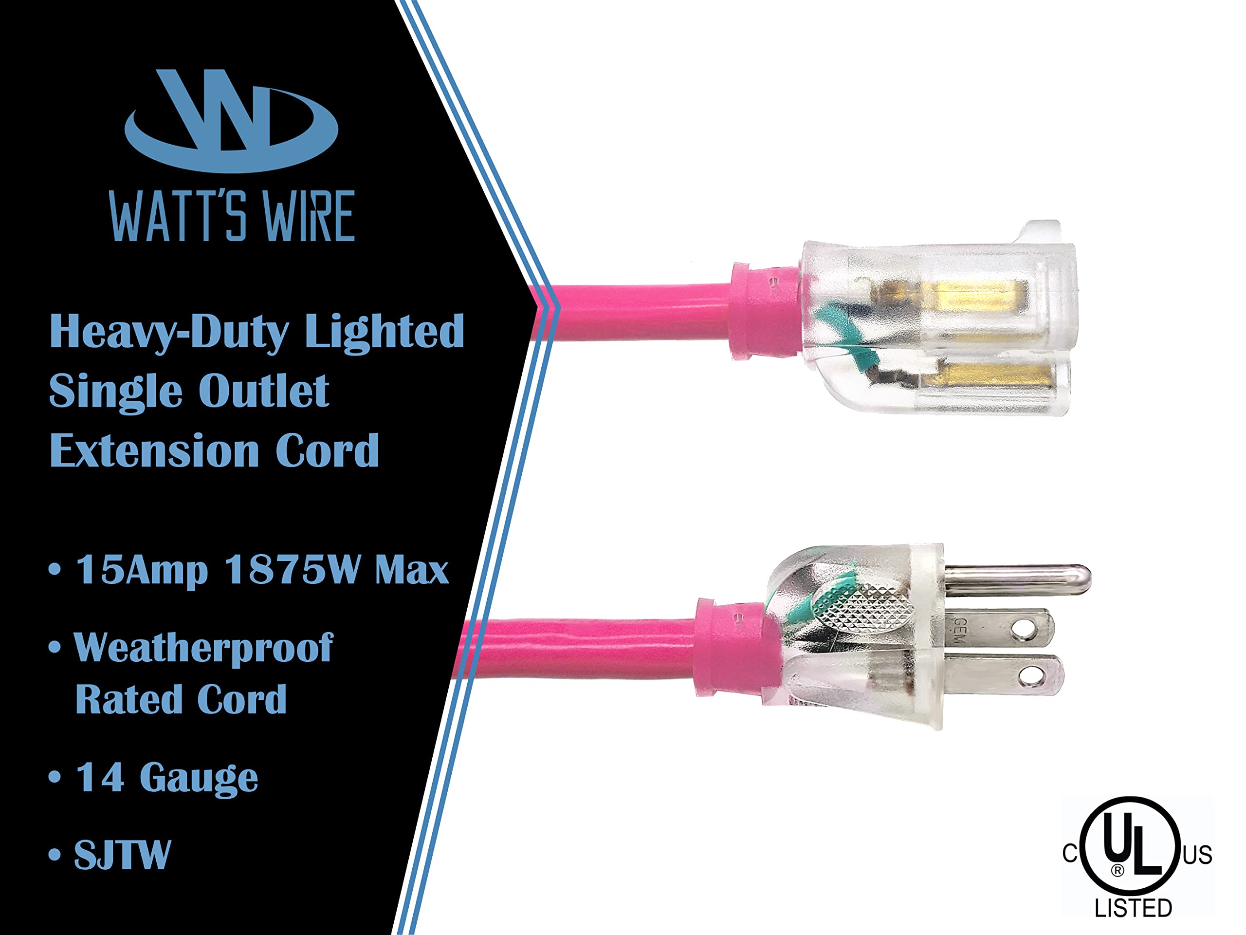 25 Ft Heavy Duty Extension Cord - 14 Gauge Outdoor Extension Cord - Lighted Single Outlet By Watts Wire - 25 14-Gauge Grounded