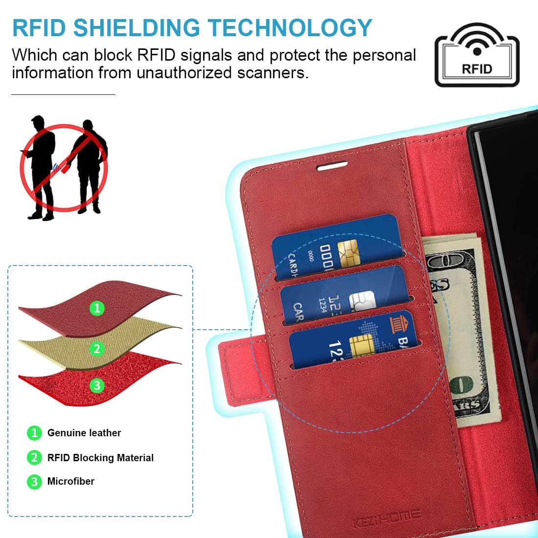 Kezihome Galaxy S22 Ultra Case, Genuine Leather [Rfid Blocking] Samsung S22 Ultra 5G Wallet Case Card Slot Flip Magnetic Stand P