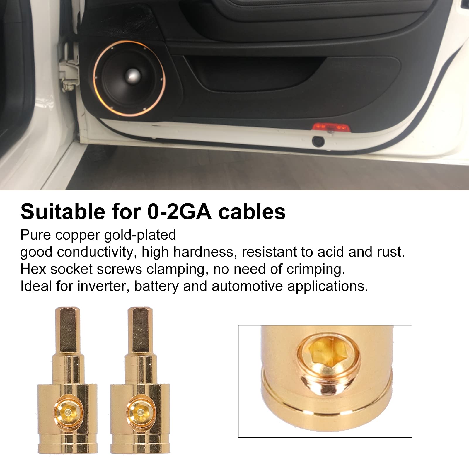 2Pcs 0 Gauge Wire Reducer, 0Ga Wire Reducer Terminal Connector Pure Copper Gold Plated For Car Audio Amplifier Modification