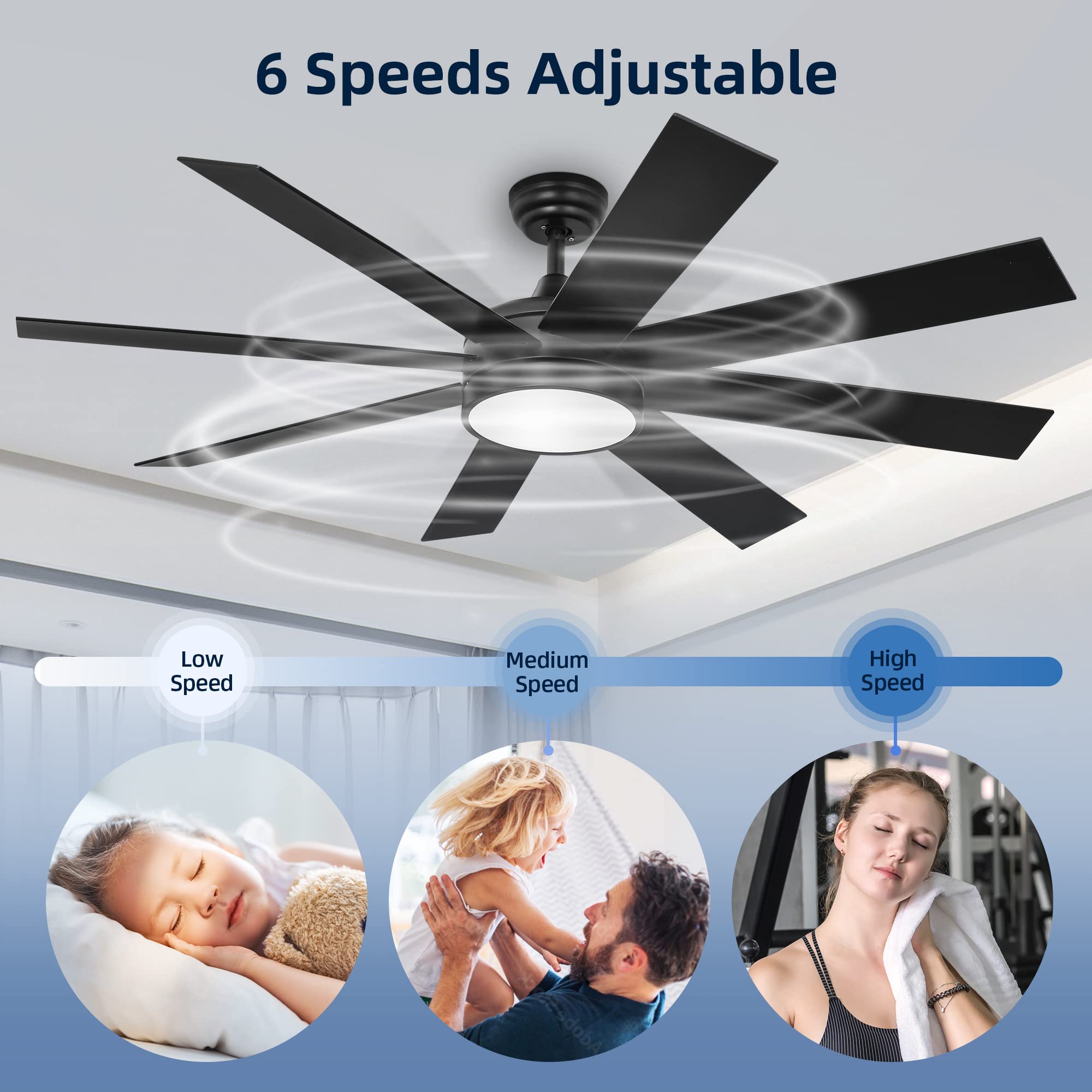 Yitahome 60 Inch Black Ceiling Fan With Light And Remote, Dc Fanlight For Indoor Outdoor, Modern Light Fan With 6 Speeds, 3 Colo