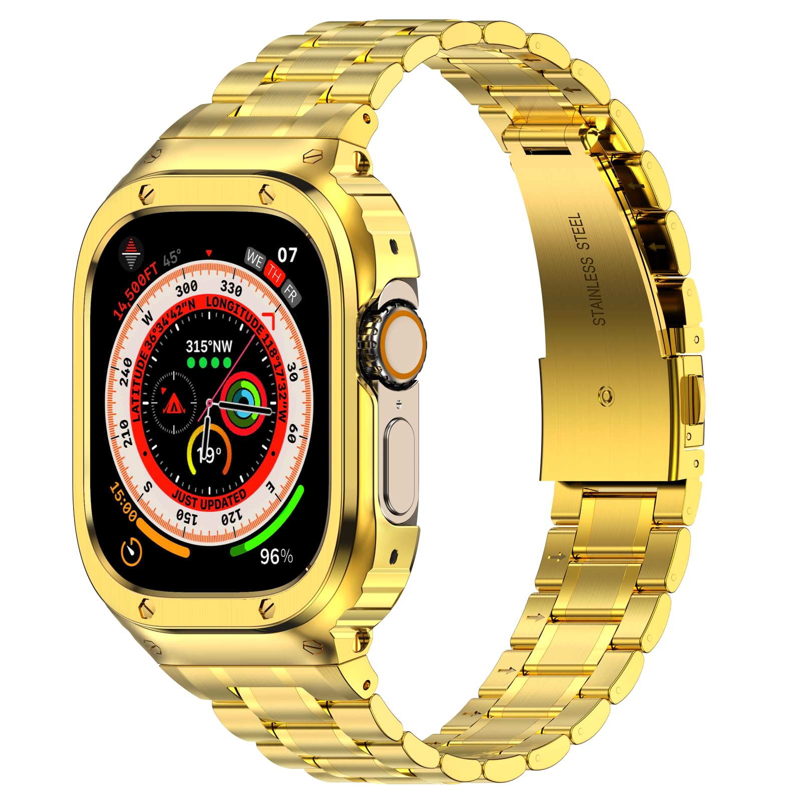 Haslfm Stainless Steel Watch Band With Case Compatible With Apple Watch Ultra/Ultra 2(49Mm),Metal Strap And Rugged Protective Co