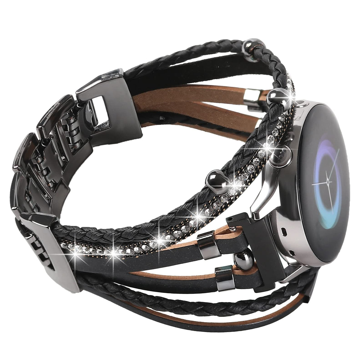 Posh Leather Bands For Samsung Galaxy Watch 5/Watch 6/Galaxy Watch 4 Band 40Mm 44Mm/Galaxy Watch 5 Pro Band/Watch 4/ Watch 6 Classic Band, 20Mm Boho Bracelet Handmade Strap For Women (Solid Black)