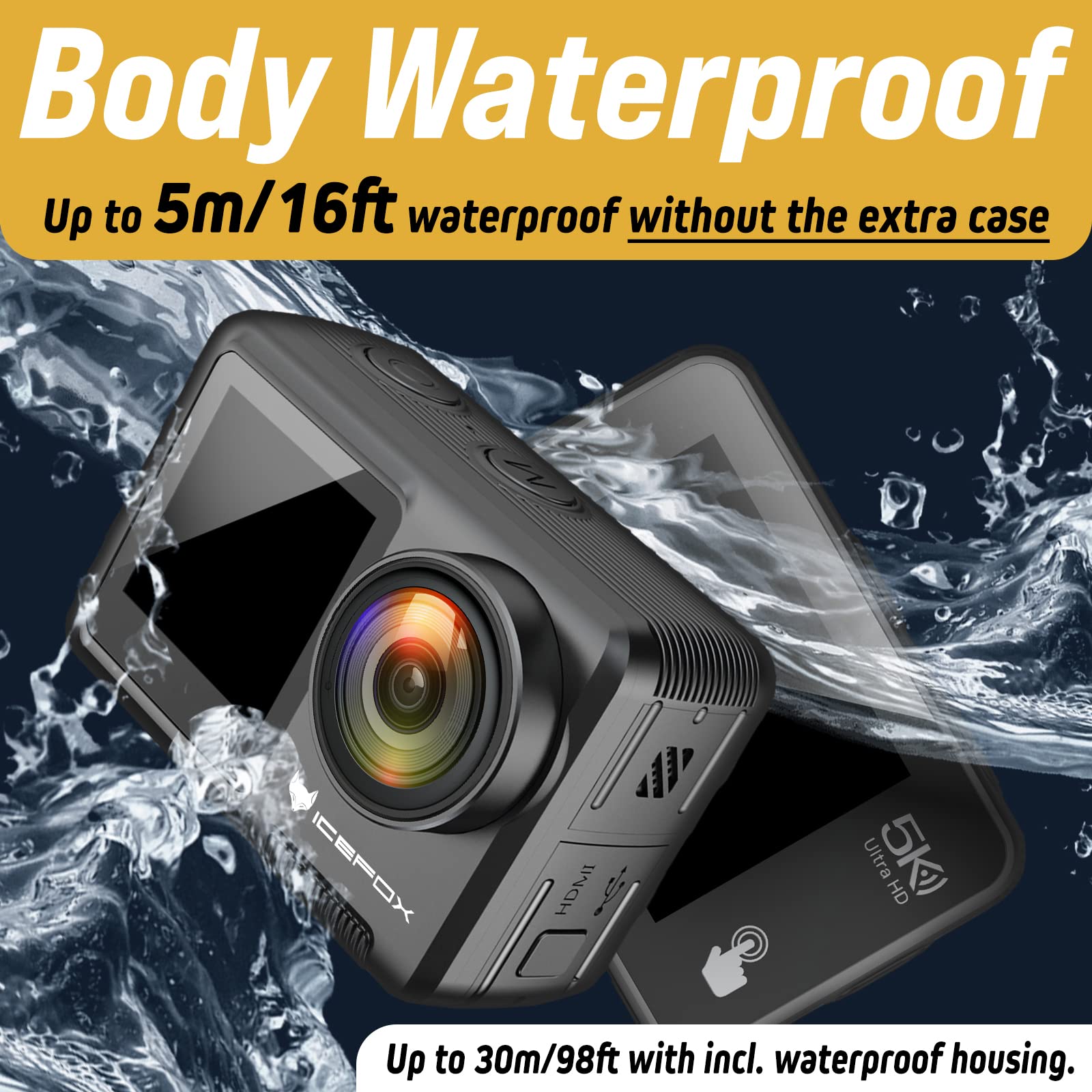 Icefox Action Camera 5K 30Fps 20Mp With Touch Screen, 98Ft Waterproof Underwater Camera, Eis 4X Zoom Adjustable View Angle Remot