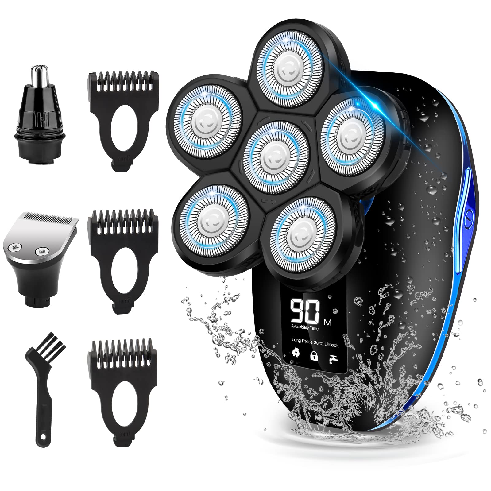 Sakioo Head Shaver, Upgrade 6 In 1 Electric Head Shaver For Bald Men, Ipx7 Waterproof Cordless Rotary Razor With Led Display, Fa