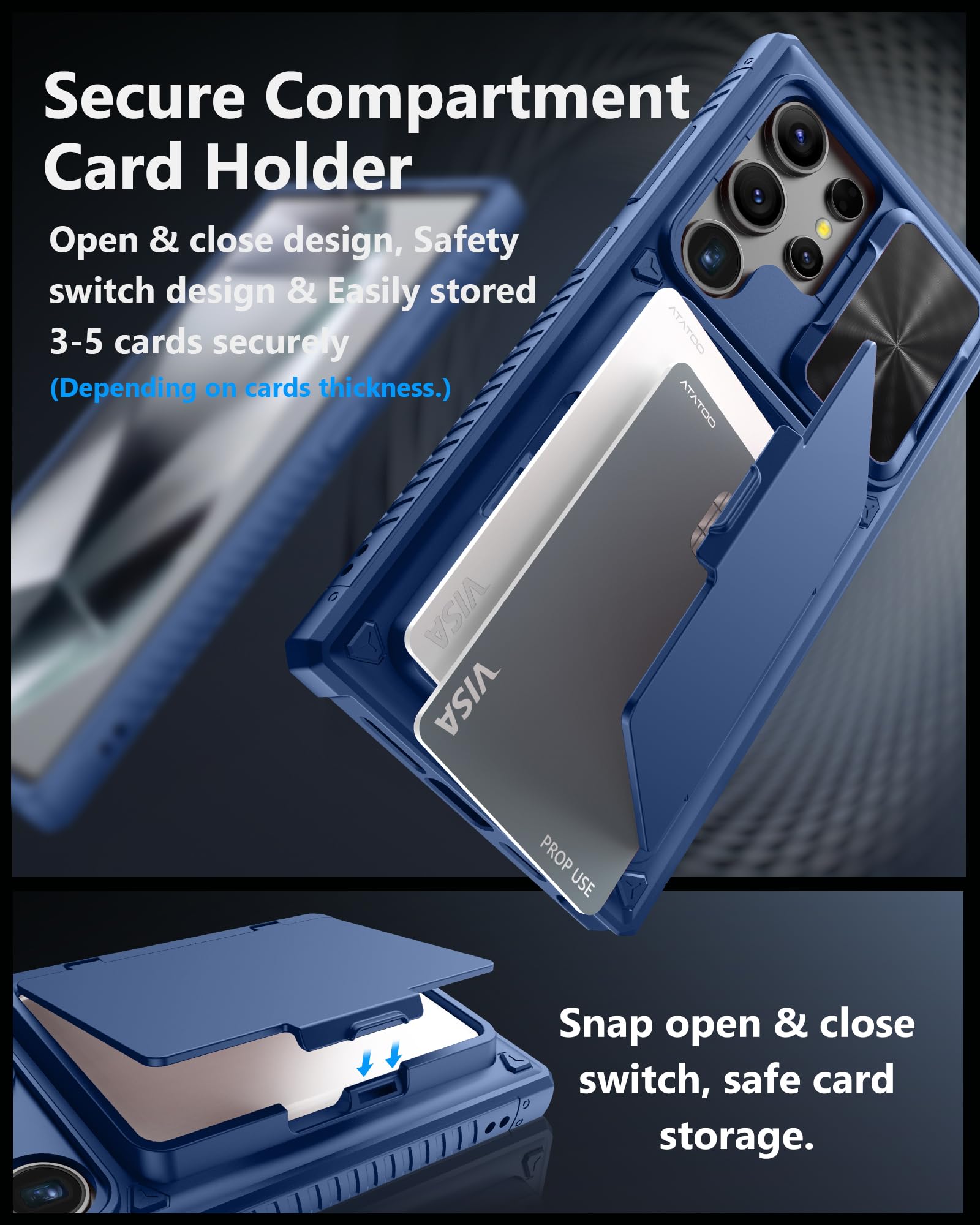 Atatoo For Samsung Galaxy S24 Ultra Case With Card Holder(Store 4 5 Cards) & Slide Camera Cover, Military Grade Protection, Rugg
