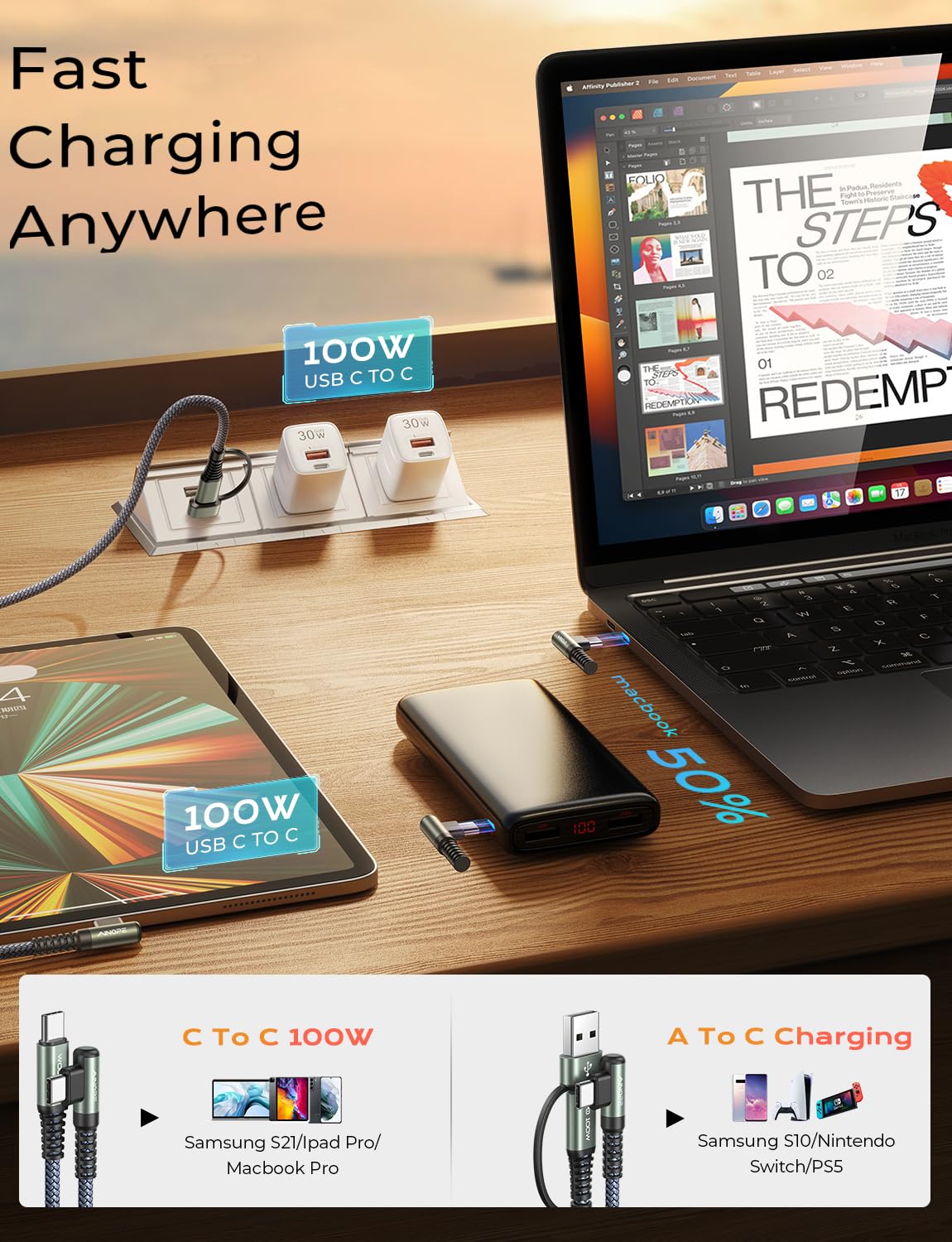 Ainope 100W Long Usb C Cable 10 Ft For Iphone 15 Type C Charger Fast Charging Cord Usb To Usb C Adapter, Right Angle Usb C Type