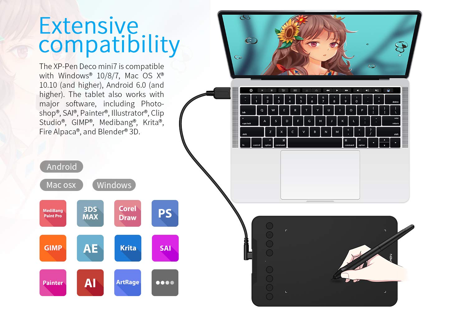 Xppen Deco Mini7 Drawing Tablet Computer Graphic Tablet With 8192 Levels Pressure, 7 X 4 Inch Artist Pen Tablet 8 Shortcut Keys