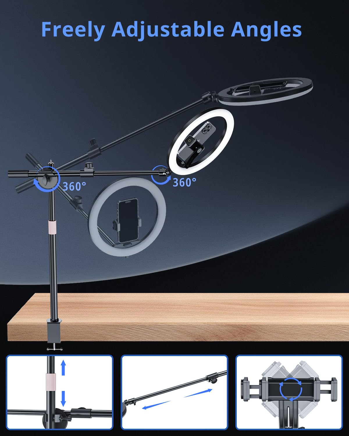 Ubeesize 12'' Ring Light With Overhead Phone Mount, Led Ring Light With Phone Holder And Stand, Desk Light Ring For Iphone,Camer