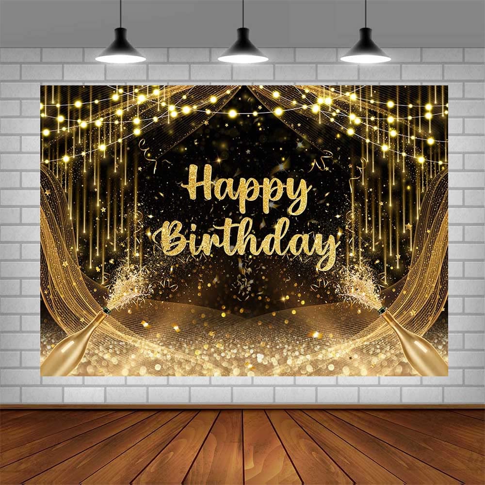 Aibiin 7X5Ft Black And Gold Birthday Backdrop Happy Birthday Photography Background Gold Glitter Birthday Prom Party Decorations