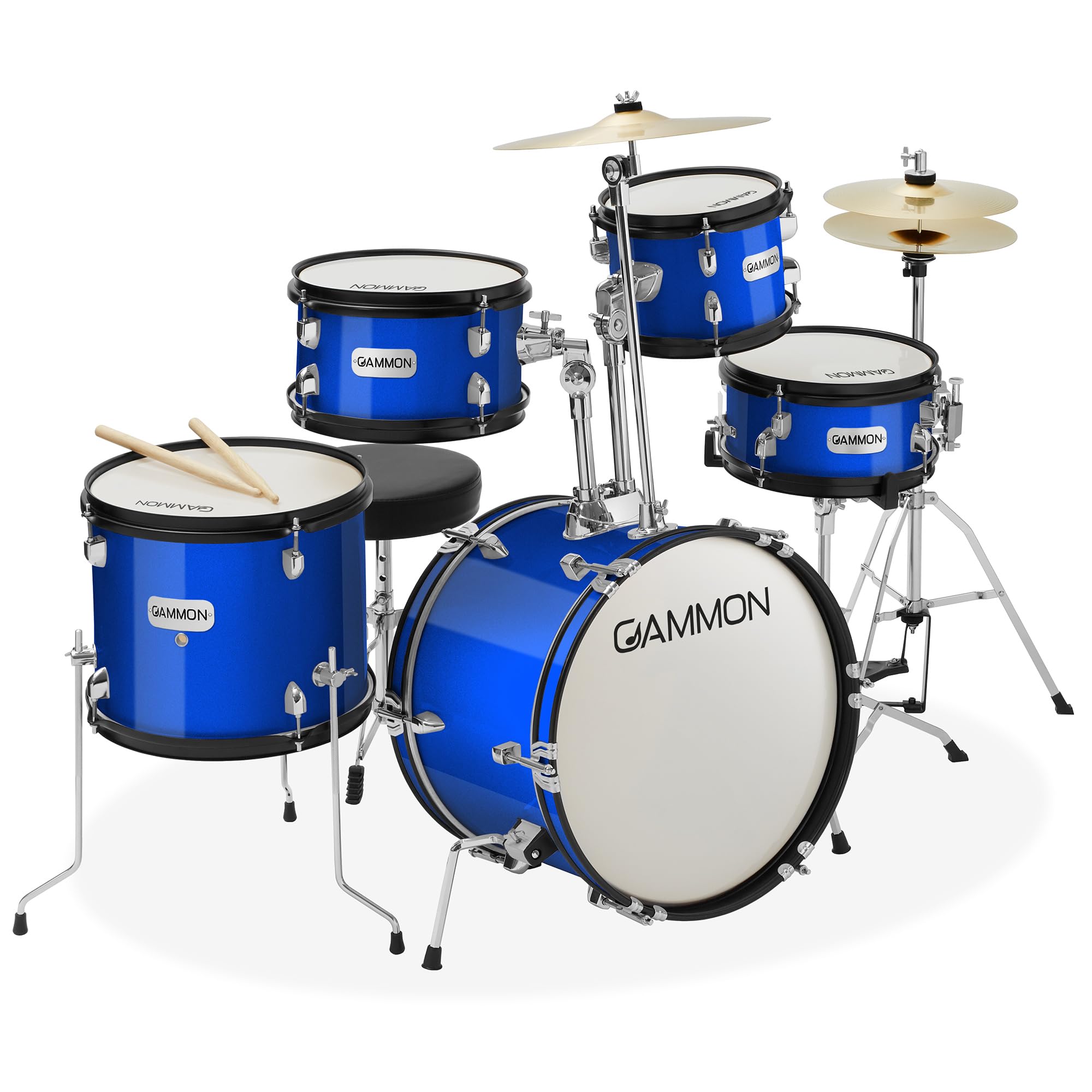 Gammon Percussion 5-Piece Junior Starter Drum Kit with Cymbals, Hardware, Sticks, & Throne - Red