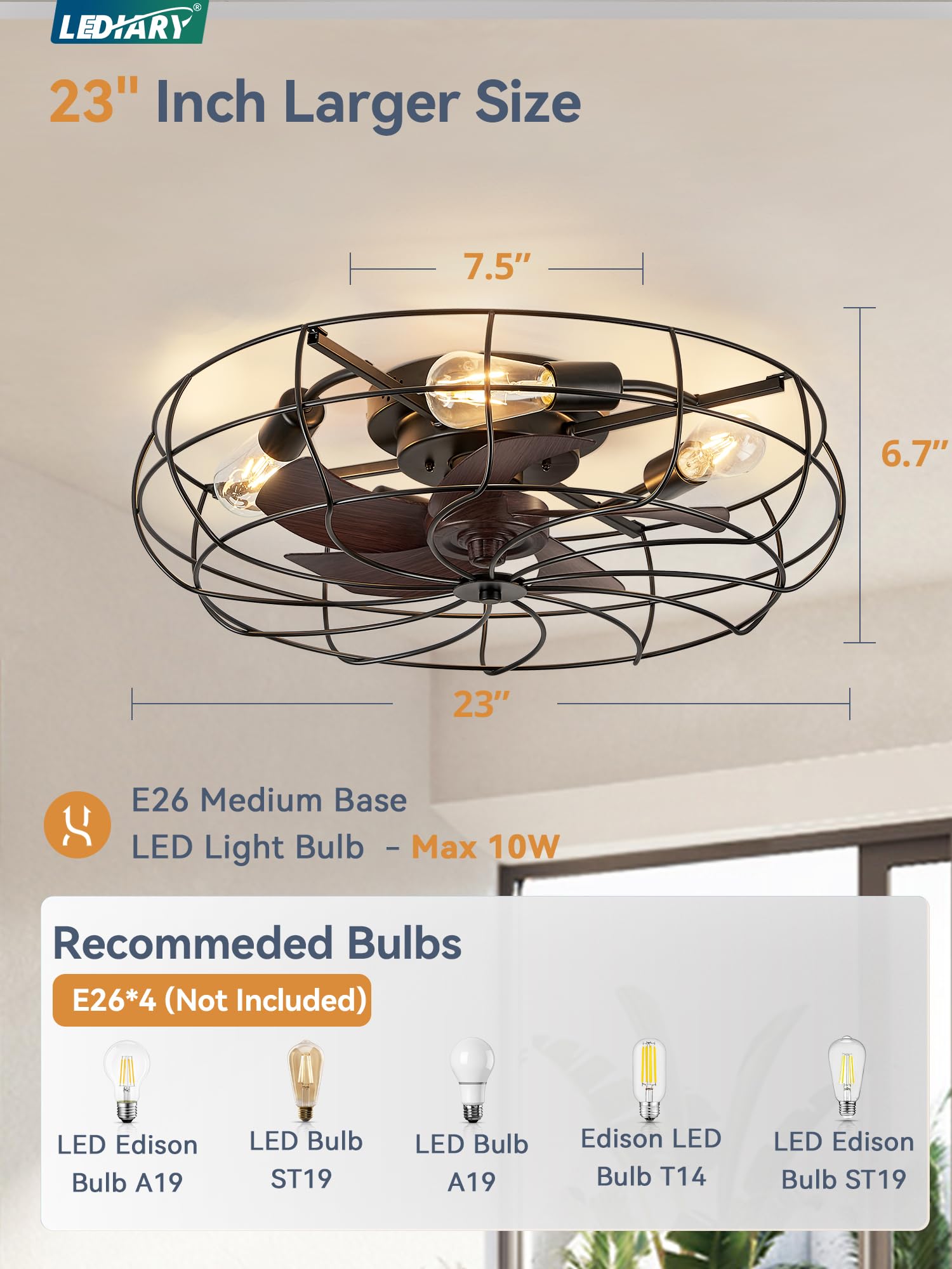Lediary 23 Inch Caged Ceiling Fan With Light, Flush Mount Low Profile Ceiling Fan With Remote Control, Farmhouse Industrial Blad