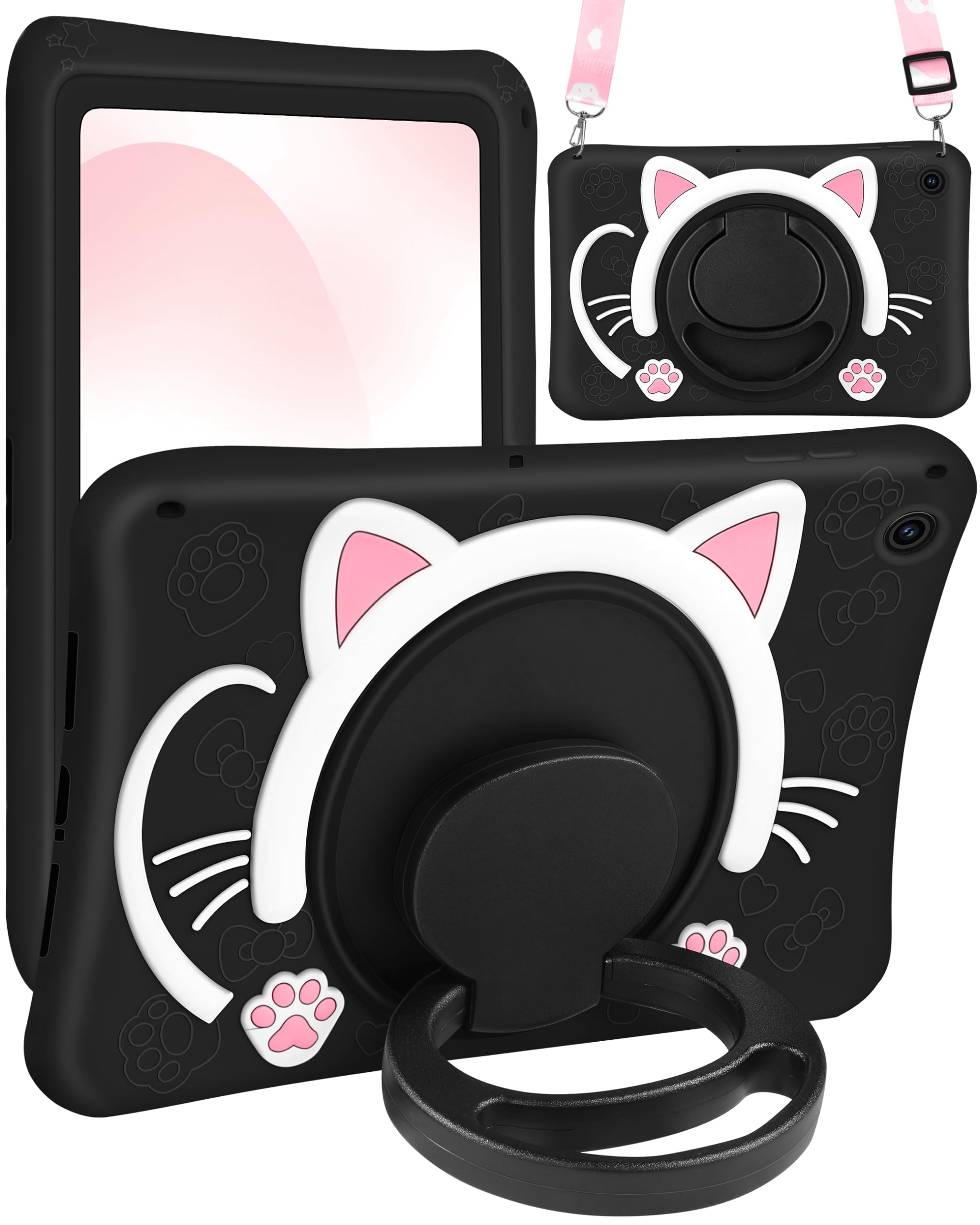 Wazzasoft For Samsung Galaxy Tab A9 Plus Case 11    Girls Cute Black Cat Cover Kawaii Girly 3D Cartoon Women Kitten With Rotatin