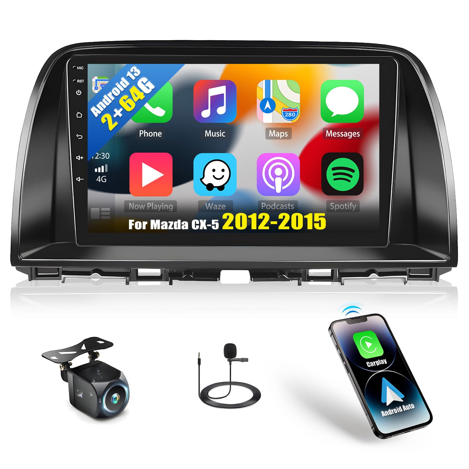 2G+64G Android 13 Car Stereo For Mazda Cx 5 2012 2015 With Wireless Apple Carplay Android Auto,9'' Touchscreen Car Radio With Gp
