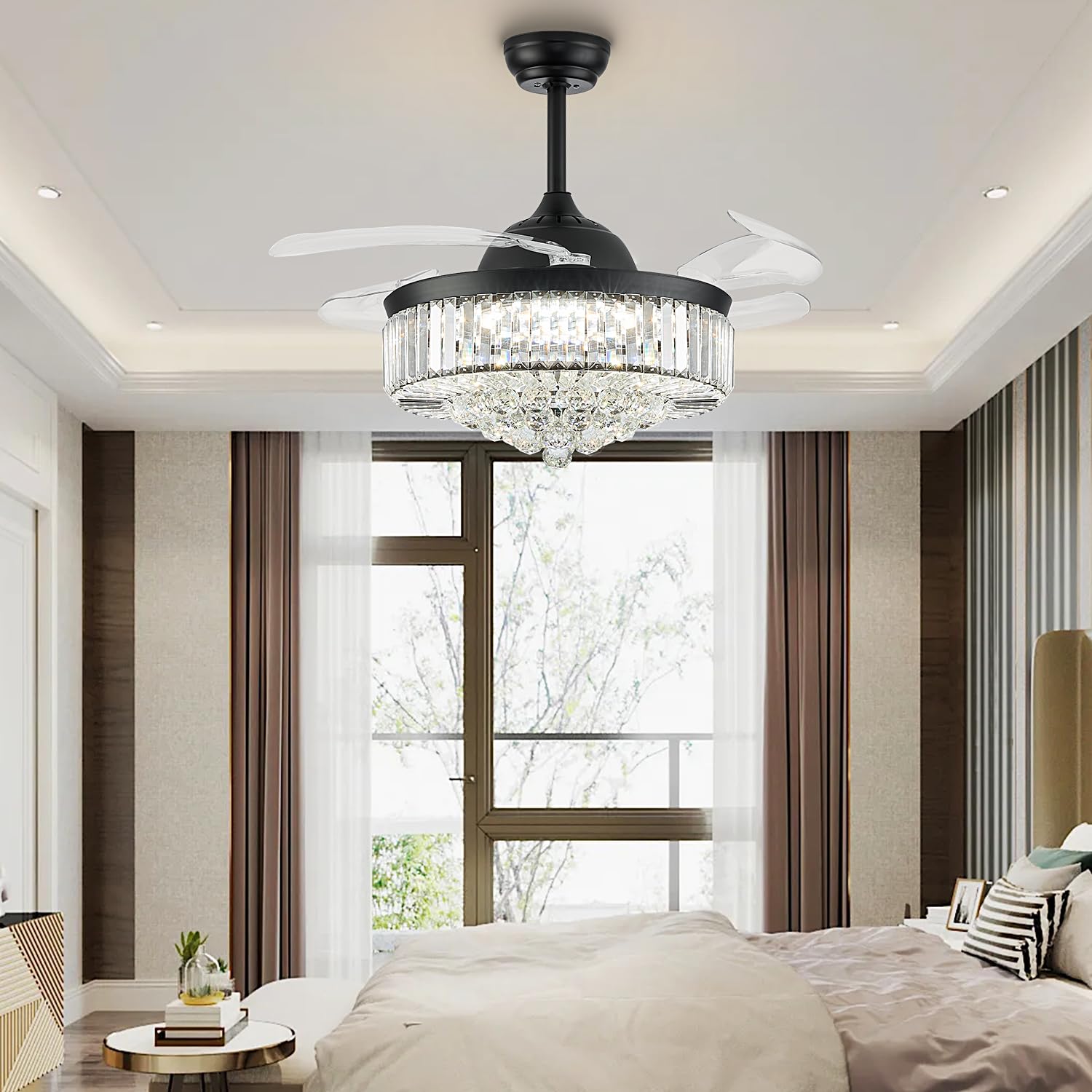 42'' Fandelier Ceiling Fans With Light, Chandelier Ceiling Fan, Retractable Crystal Ceiling Fan For Bedroom, Living Room, 3 Colo