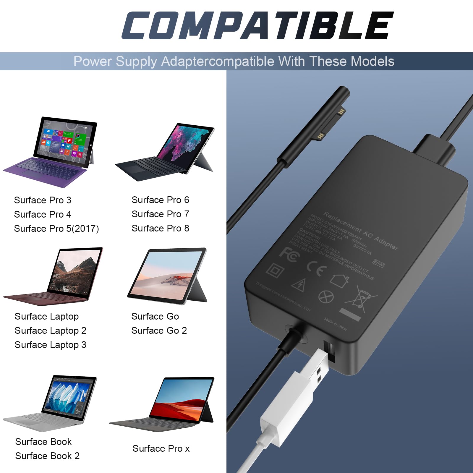 Fancy Buying 65W Charger For Surface Pro 3/4/5/6/7 Power Supply Adapter, Compatible For Microsoft Surface Book Laptop/Tablet, Works With 65W&44W&36W&24W
