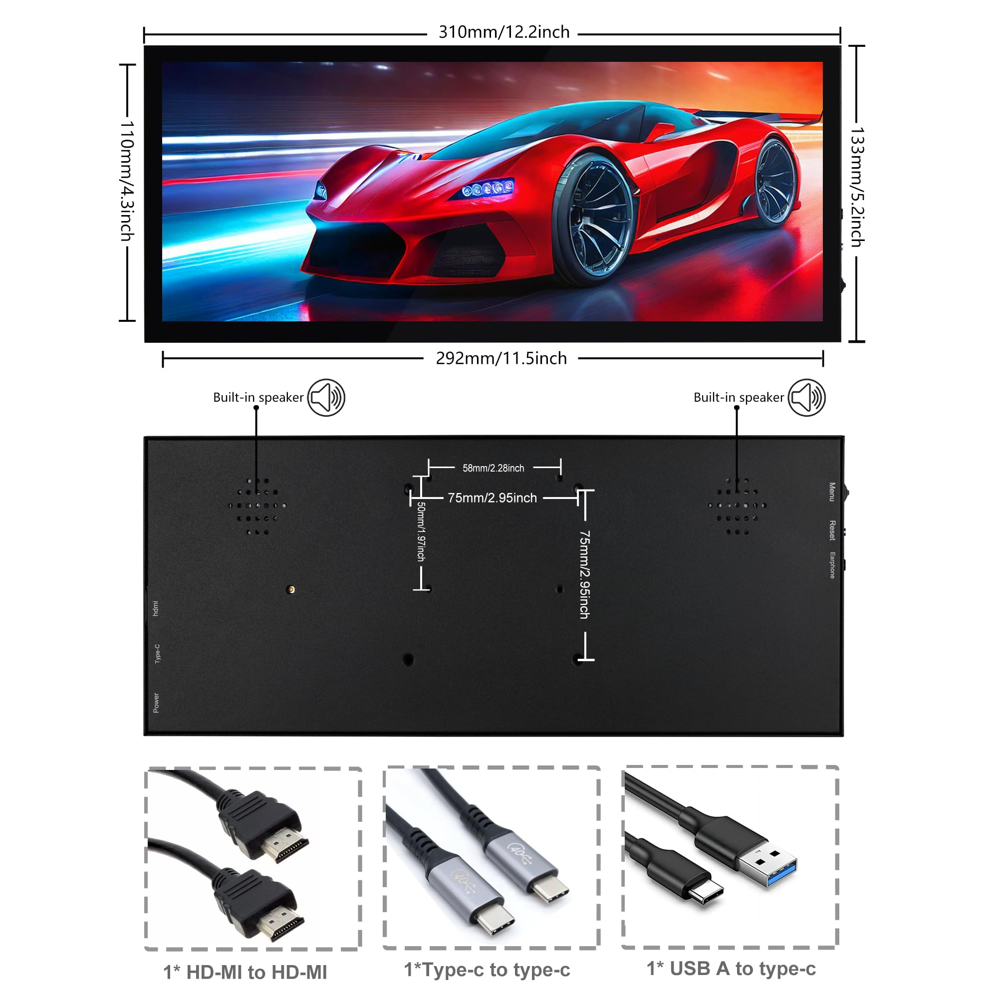 Wisecoco 12.3 Inch Touchscreen Monitor 1920X720 Bar Lcd Mini Touch Screen Monitor Secondary Screen Portable Display Hdmi For Lap