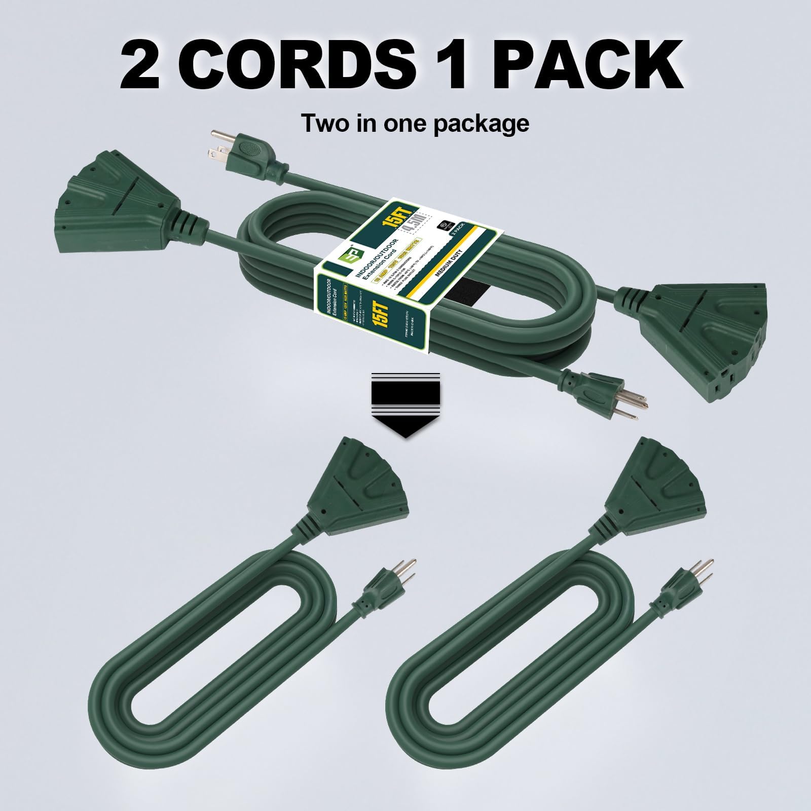 Ep 2 Pack 15 Ft Outdoor Extension Cord With 3 Electrical Power Outlets   16/3 Sjtw Green Cable With 3 Prong Grounded Plug For Sa