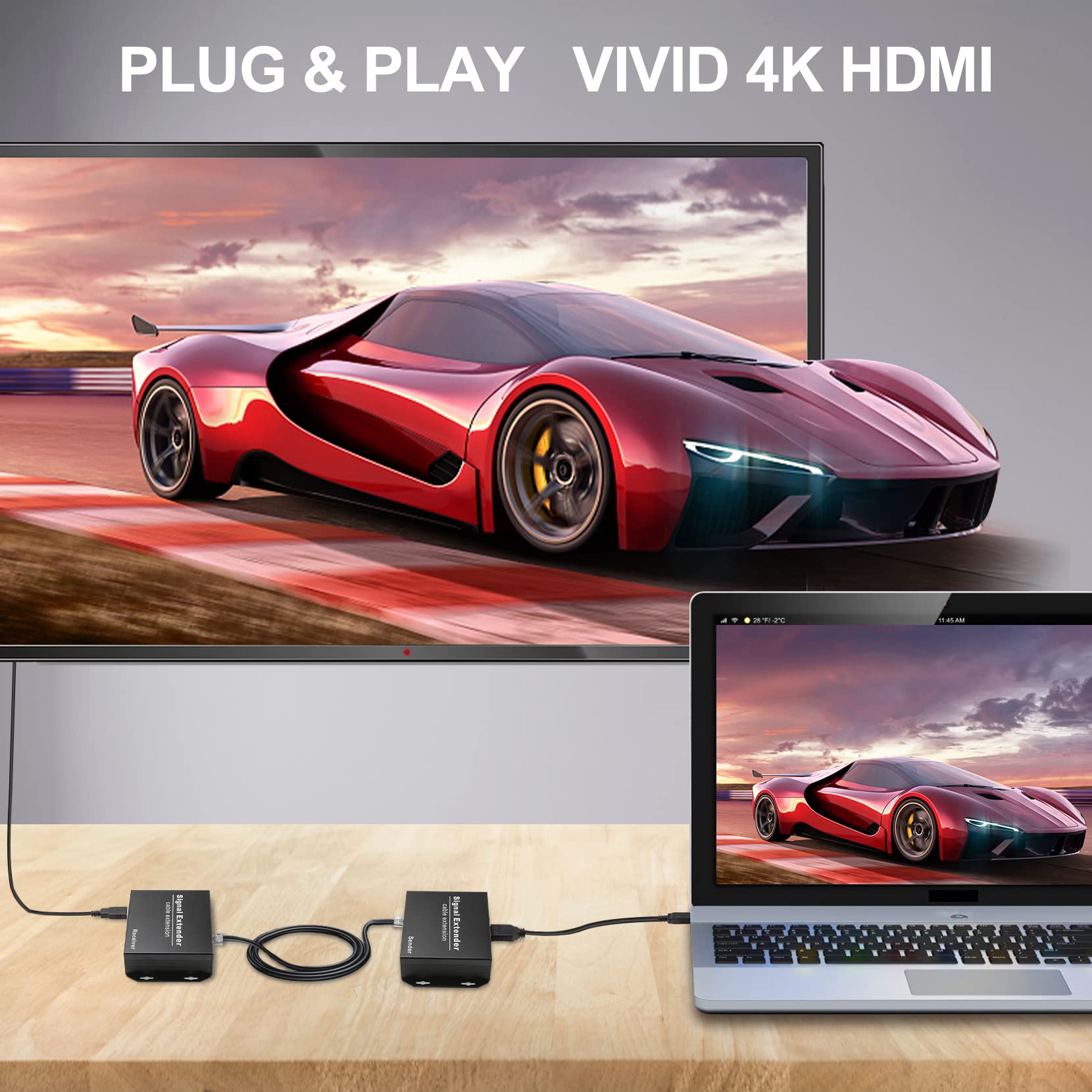 Lornceng 4K Kvm Over Ethernet, Hdmi Kvm Usb Extender Over Cat6 Up To 120M(394Ft), Extender Over Ip Zero Latency Support All Syst