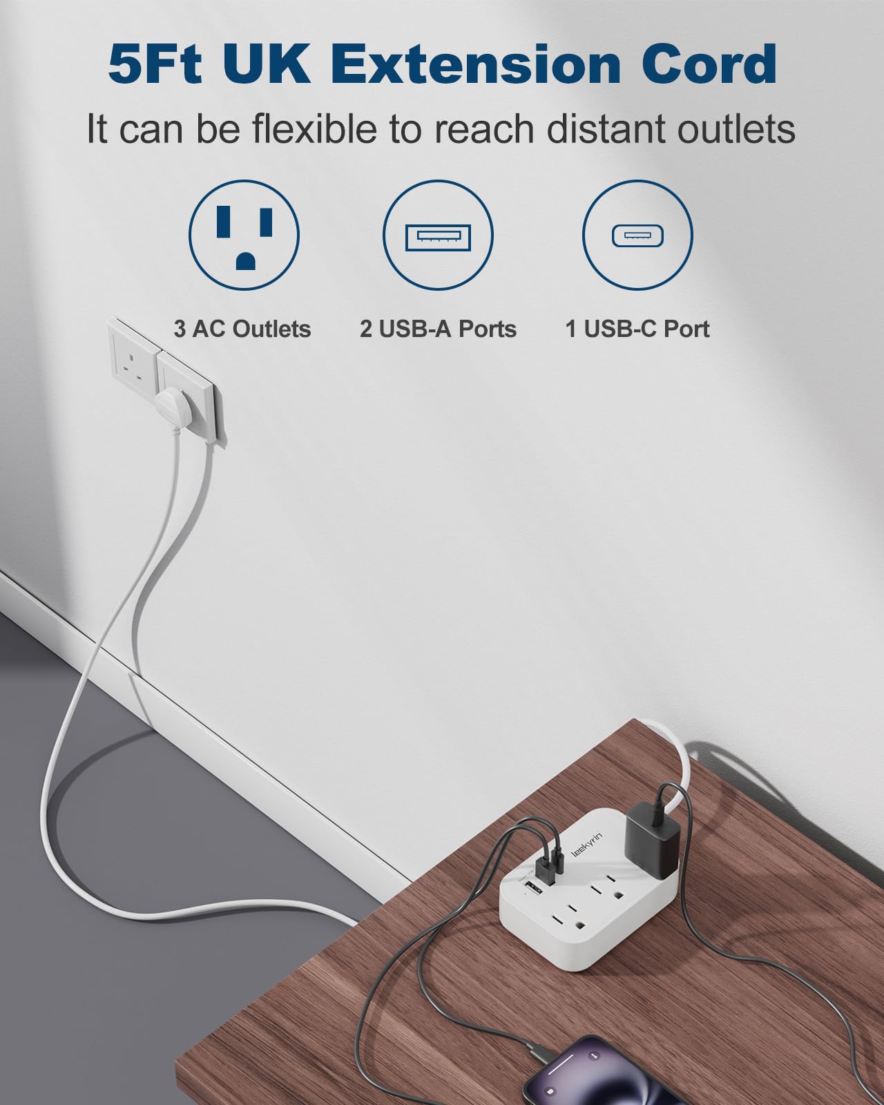 Uk Adapters For Travel With 5Ft Extension Cord, Us To Uk Plug Adapter With 3 Outlets 3 Usb Charging Ports (Usb C), Type G Travel