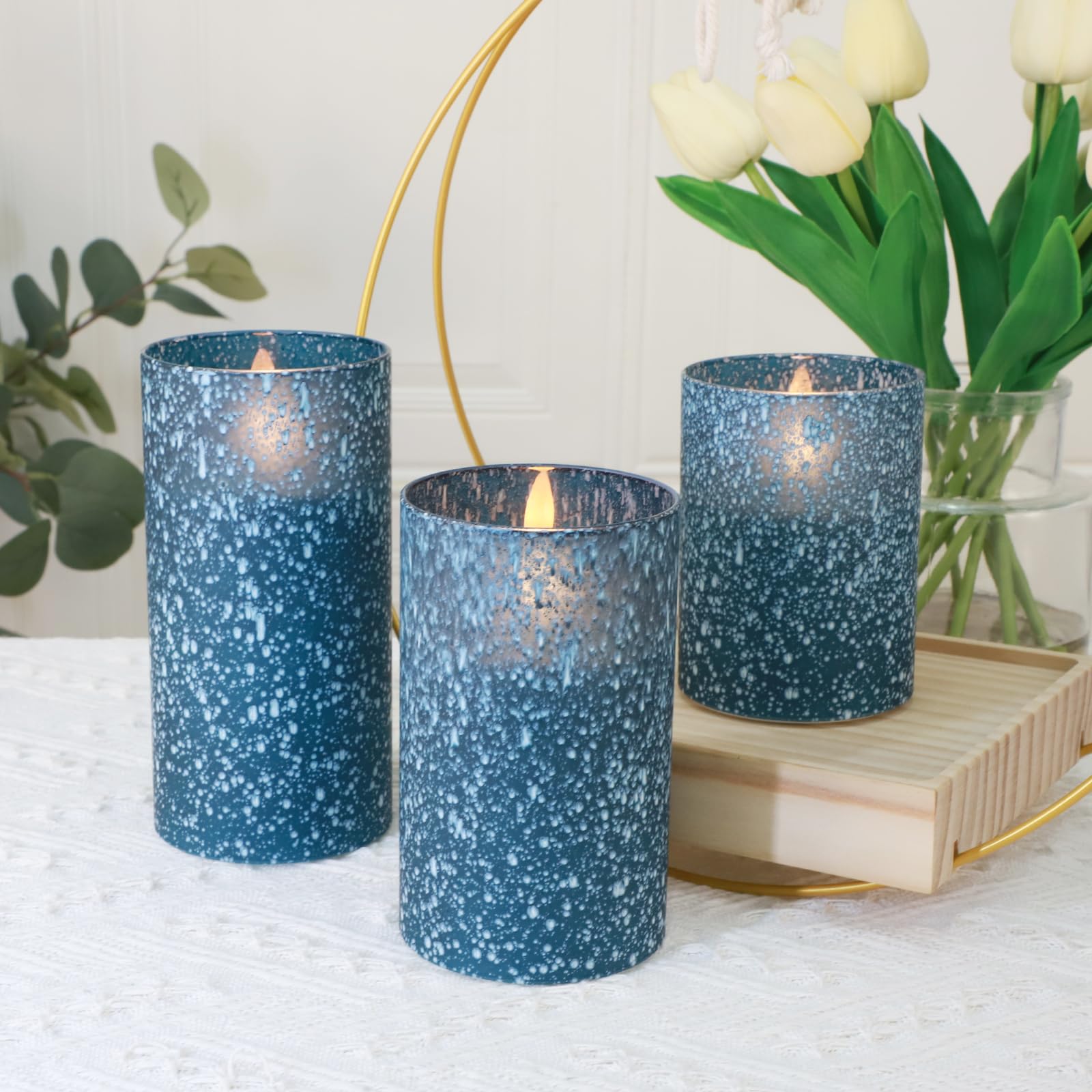Blue Flickering Flameless Candles With Remote And Timer, Battery Operated Candles With Flickering Flame, Raindrop Decorative Gla