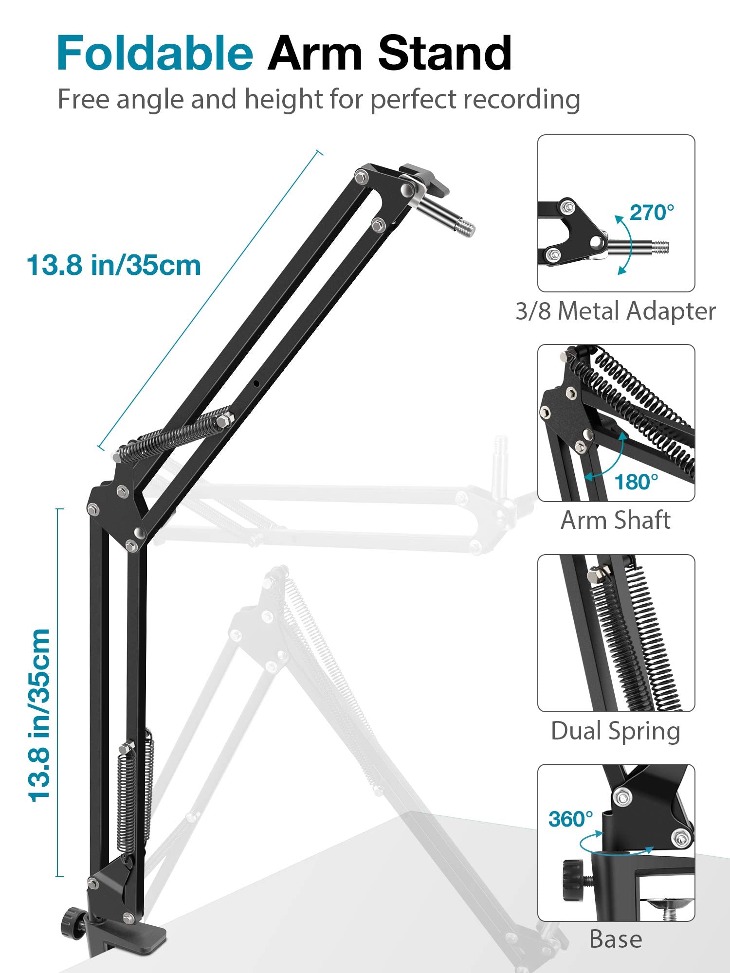 Innogear Microphone Stand, Adjustable Mic Stand Set For Blue Yeti Nano Suspension Boom Scissor Arm Stand With 5/8 To 3/8 Screw,