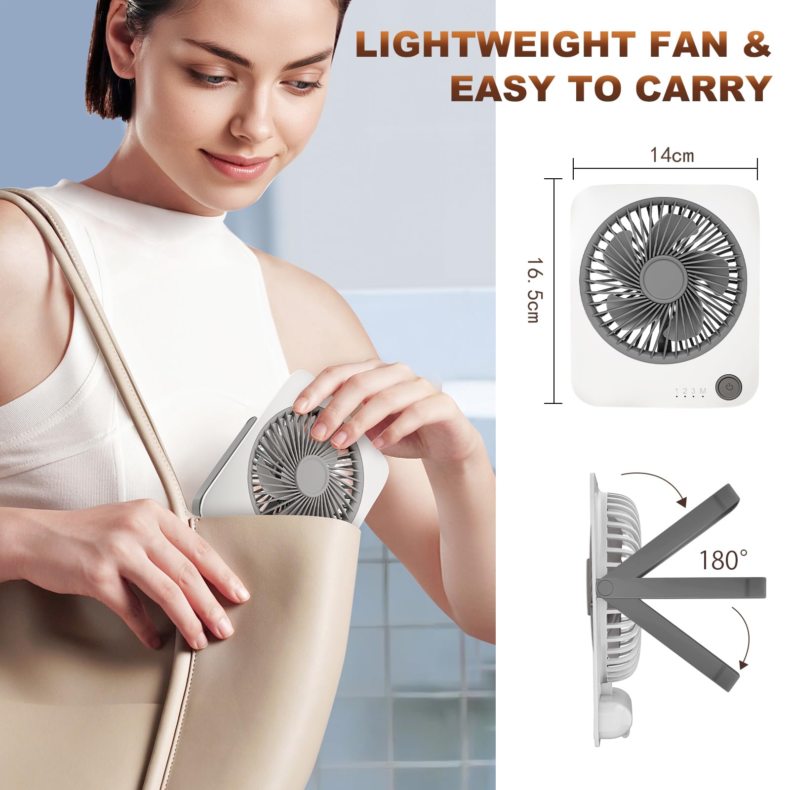 Fitenough Rechargeable Travel Fan - Ultra Slim & Quiet Personal Fan For Cruise 4 Speeds 180 Folding, Compact Cooling For Office