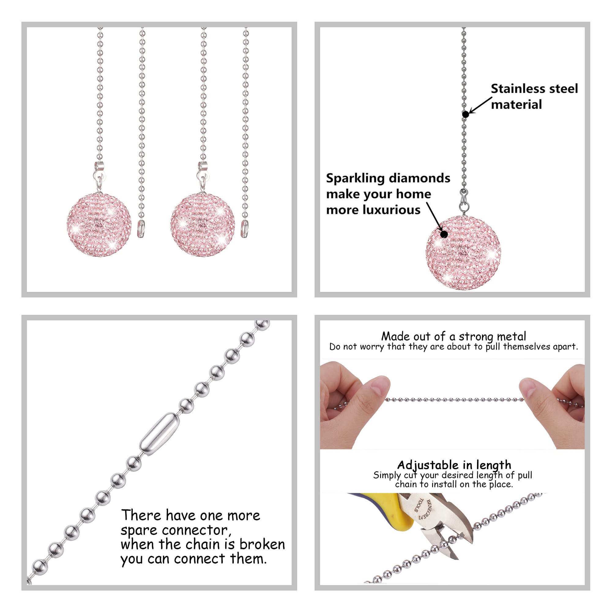 2 Pieces Light Rose Rhinestone Clay Beads Pull Chain Rhinestone Ball Pull Chain Extension For Ceiling Fan Light Pendant Decorati