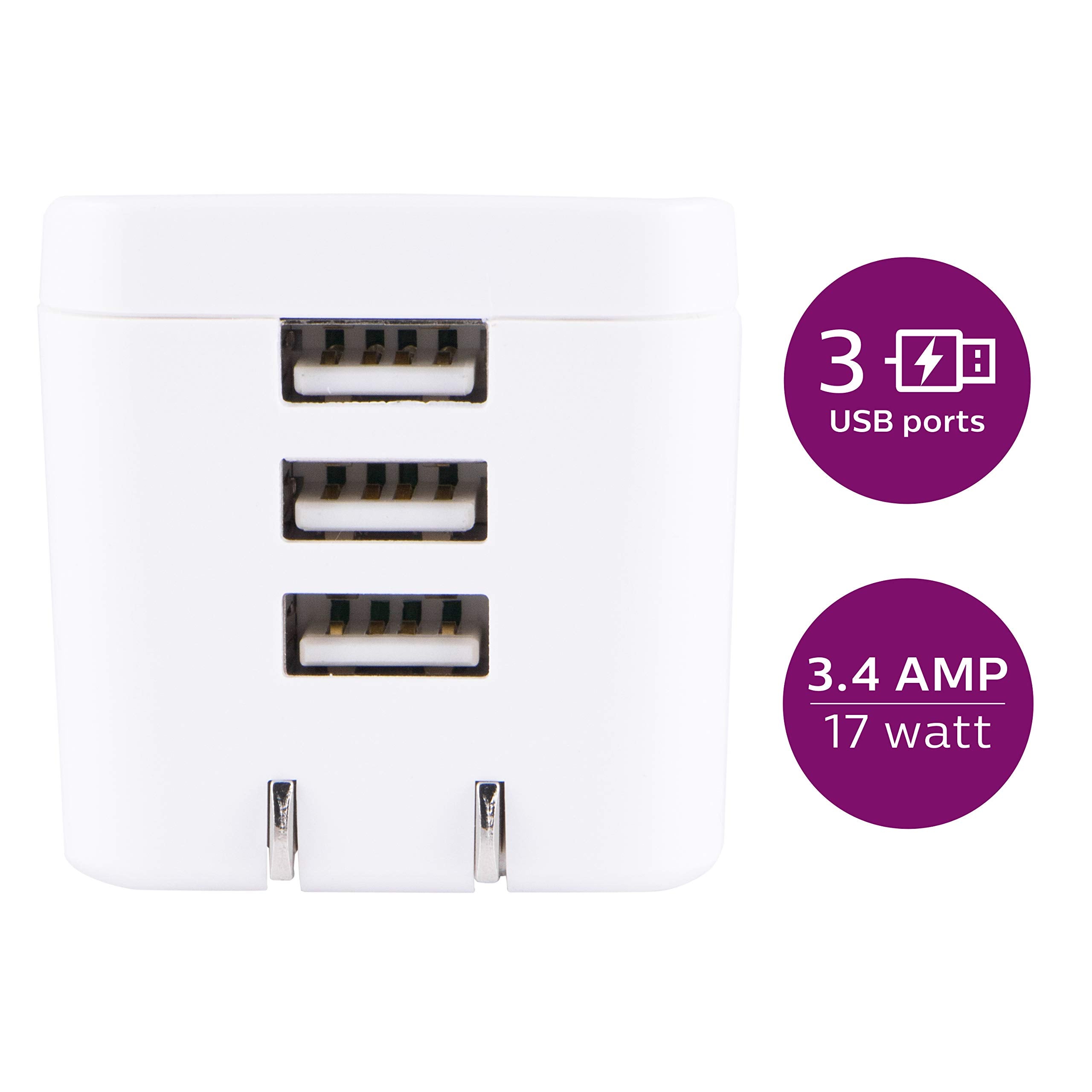 Philips 17W Usb Wall Charger, 3 Ports, For Iphone Xs/Xr/X/8, Ipad Pro/Air/Mini, Samsung Galaxy S10/S9/Plus, Google Pixel C/3/2/X