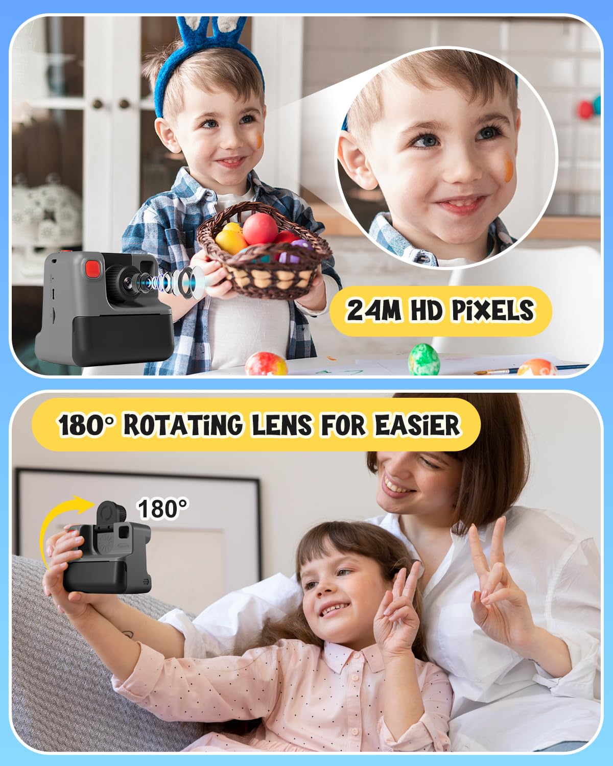 Letshaha Kids Camera Instant Print, Christmas Birthday Gifts For Toddle Girls Boys Age 3 12, 24Mp & 1080P Selfie Digital Camera