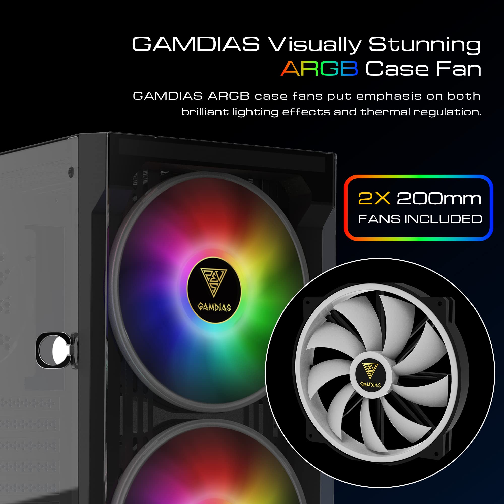 Gamdias Apollo E2 Elite Gaming Case Mid Tower Atx 2 X 200Mm Argb Fan Trapezoidal Tempered Glass Panel With Tool Free Installatio