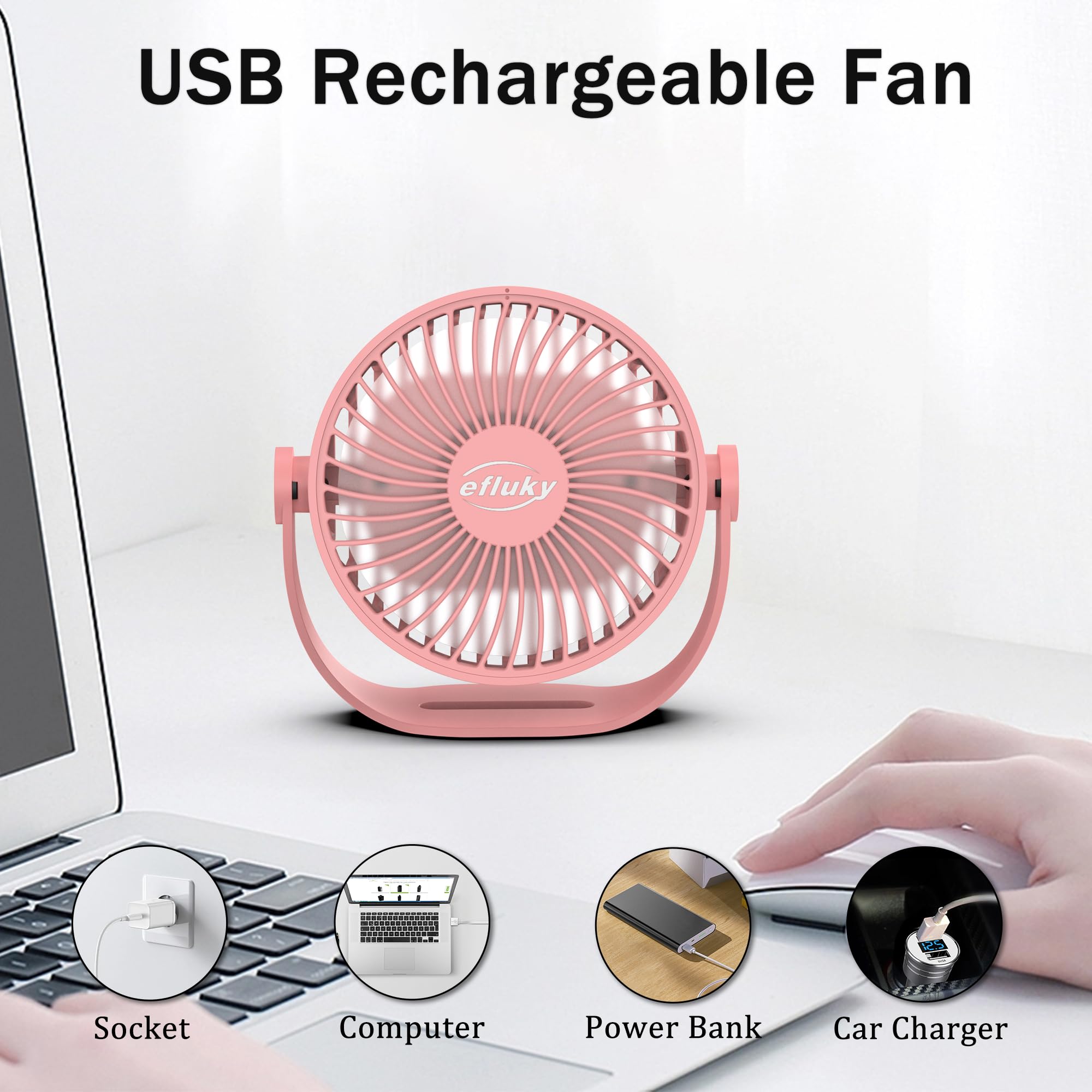 Efluky Usb Small Desk Fan, 3 Speeds Usb Rechargeable Fan Built In Battery, 360 Adjustment Portable Mini Fan Suitable For Home, O