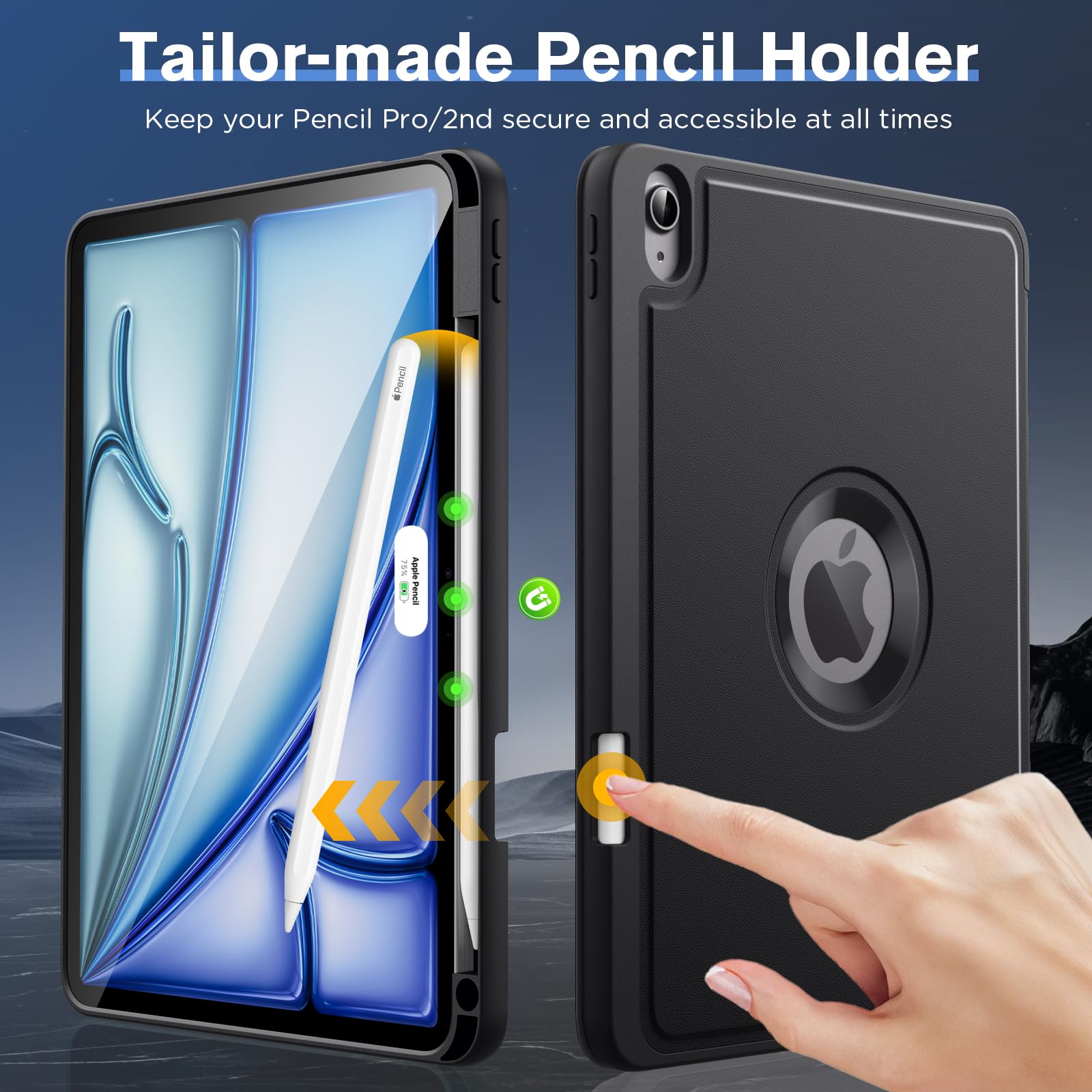 MoKo for iPad Air 11 Inch Case (M2) 2024, iPad Air 6th Generation Case/iPad Air 5th/4th Gen 2022/2020 with Pencil Holder, Smart Trifold Protective iPad Case, Hollow Logo/Auto Wake/Sleep, Black