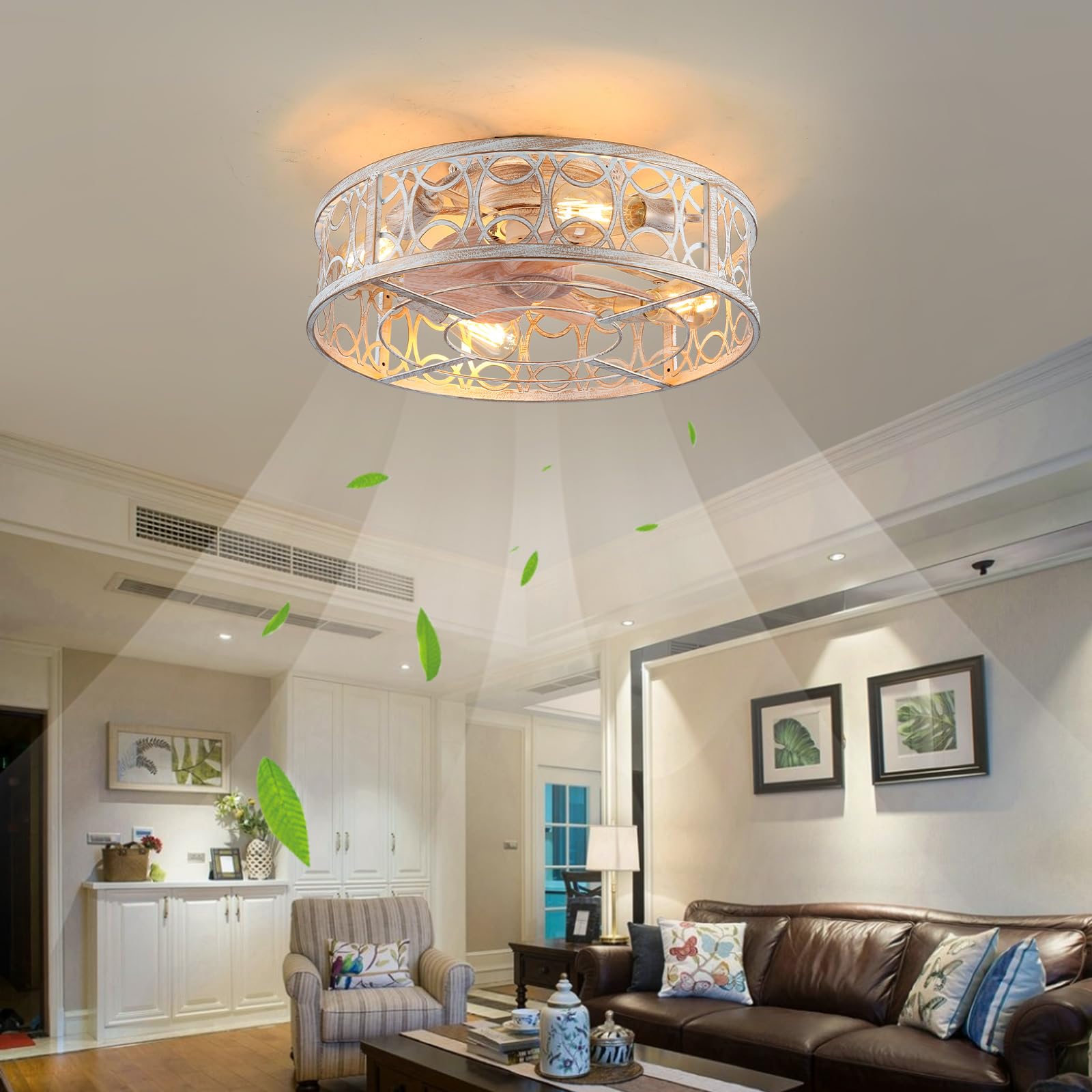 Alaruder Ceiling Fans With Lights Flush Mount,20 Inch Caged Modern Small White Fan For Bedroom,Low Profile Ceiling Fan With Remo